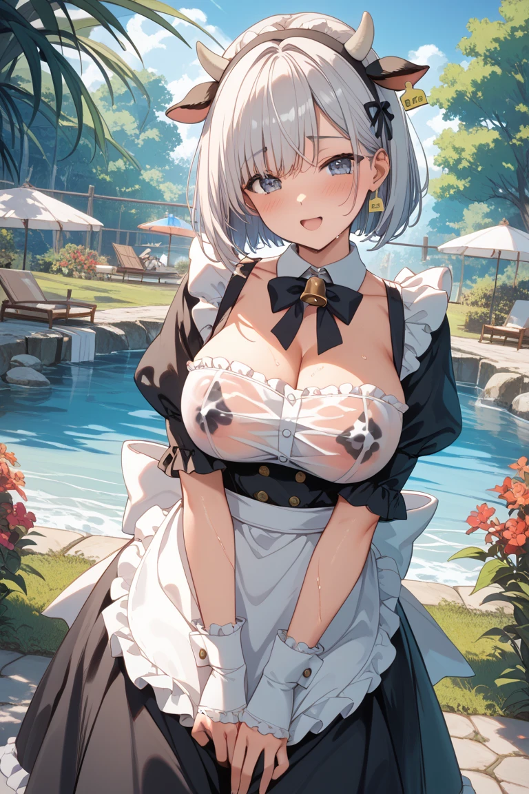 score_9,score_8_up,score_7_up,source_anime,cowboy shot,Idealized Forms,Natural Light,details background,blurry background,extremely detailed,1girl in, Solo,belfast(azue lane),very_long_hair, Large_breasts, white_hair, Bangs, cleavage, braid, Blue_Eyes, French_braid, clavicle, Purple_Eyes, chain, Collar, Dress, frilld, maid, maid_Head dress, white_gloves, white_thighs thighs thighs thighs, maid_Apron, white_Apron, frilld_Apron, greys_hair, frilld_gloves, Blue summer sky, washing, hold the sheet in your hand, look up to