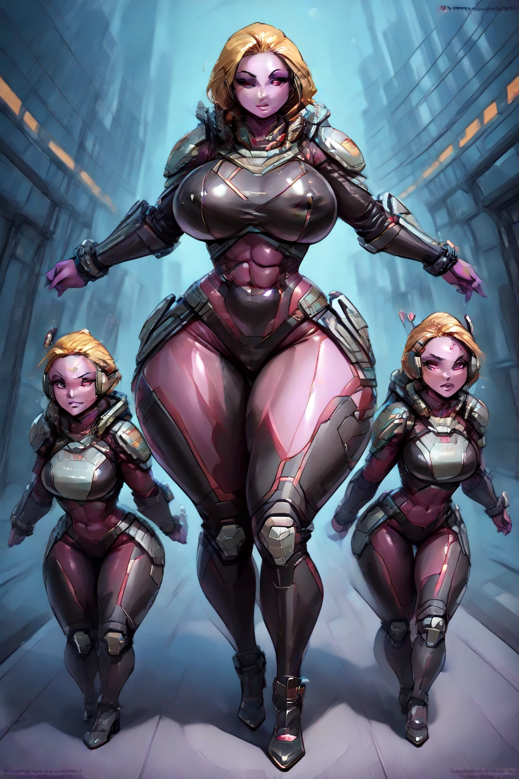 Masterpiece, ((((Massive Female Bodybuilder:1.5)))), ((((huge breasts:1.5)))), Hyperrealistic, front fullbodyshot of a beautiful Draenei female from world of warcraft, totally naked, (NSFW), Perfect face features with expressive glowing golden eyes, long blon hair with braids, pointy ears, big ram horns, ((wide hips)), thin deer nose, forhead glowing rune. Hooved feet, Grey pale skin, Perfect body shape curvy and muscular thick body, slim waist, clivage, thick thighs, ((long legs:1.2)), ((huge muscular ass)), glowing body tattoos