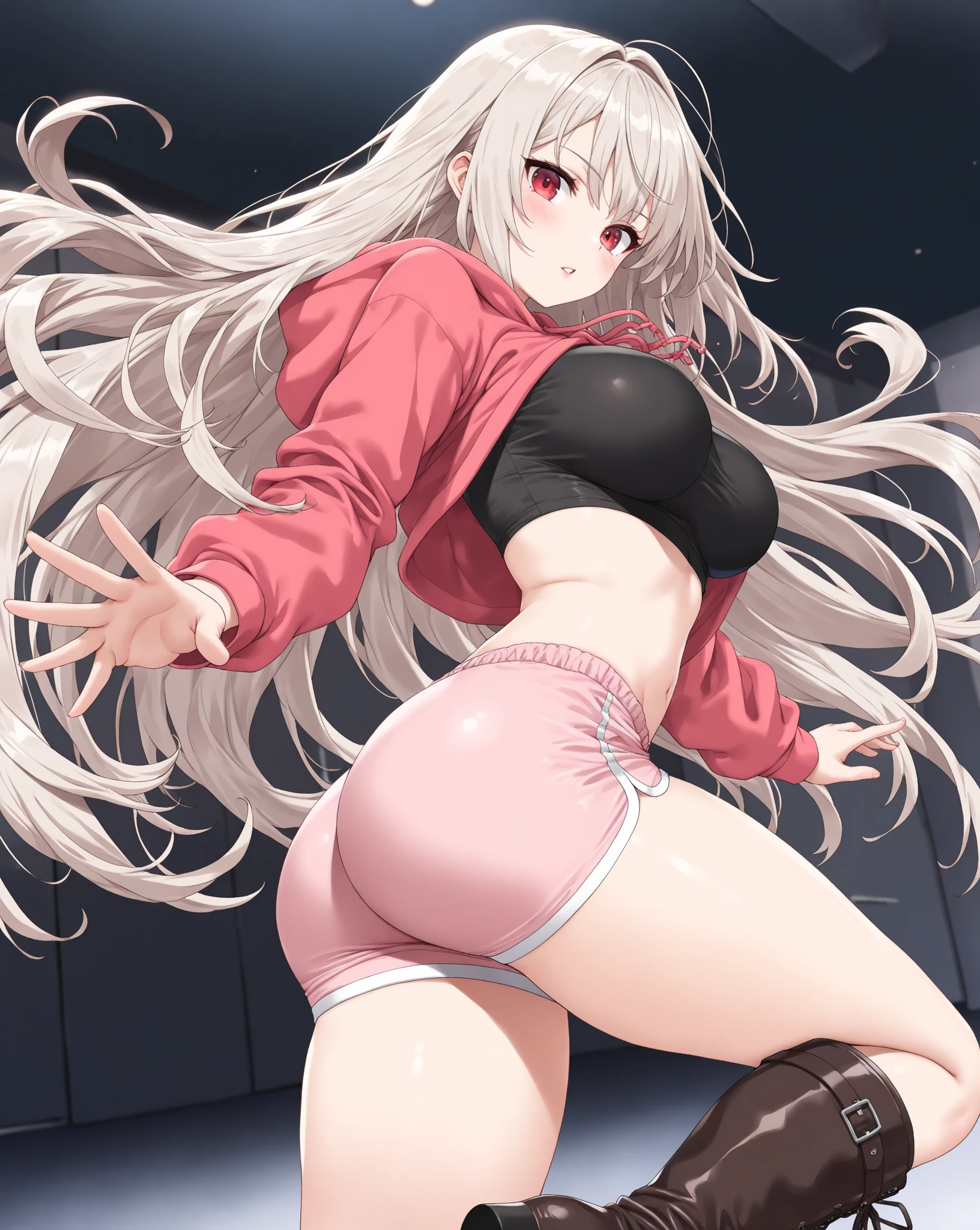 8k, RAW photo, best quality, masterpiece:1.2,1girl,mature female,beautiful face, cleavage,((White_hair:1.2)), big wavy hair， soft light, (natural skin texture:1.2), (office_lady)，((pull panties))、cowboy shot、((panty pull))、(wearing a skirt:1.2),bent over、(locker room:1.2),(wet skin:1.2)，Hot, sweating