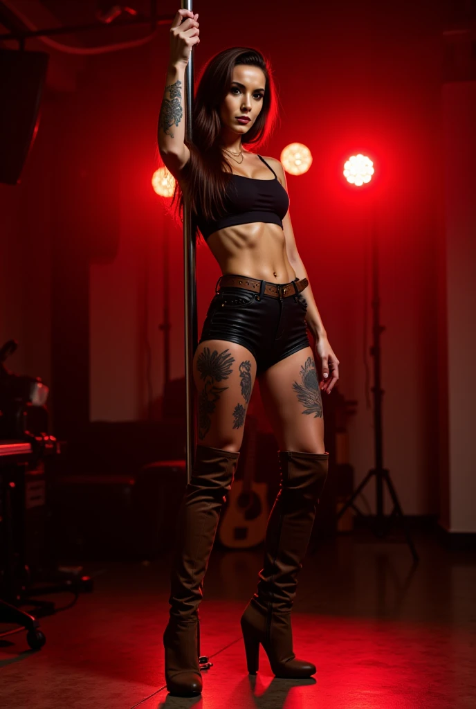 young girl, (16 years old), (perfect face), fit body (covered in tattoos), (style: rocker), (with green eyes color), (full body only), (wearing: black band t-shirt, shorts ), perfect ass, back view, (black, short, straight hair), (medium, rounded breasts), (in the background, rocker style night club).