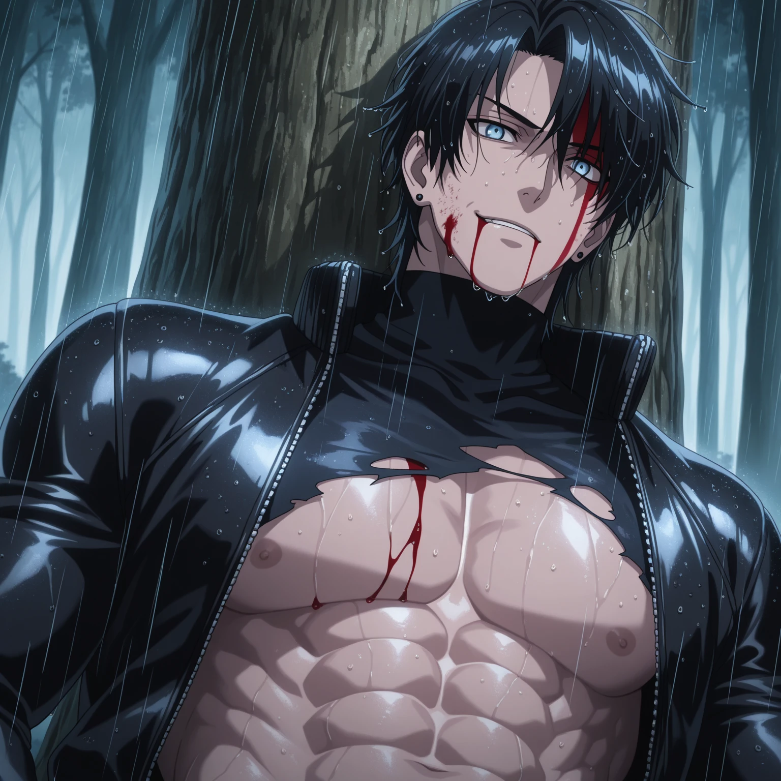 A male，anime big breast，nsfw，tmasterpiece，Need，ultra - detailed，Detailed facial features，whaite hair，short detailed hair，red - eyed，Wear a black trench coat，Stained with blood，Fragmentation，battlefiled，katana swords，Combat posture