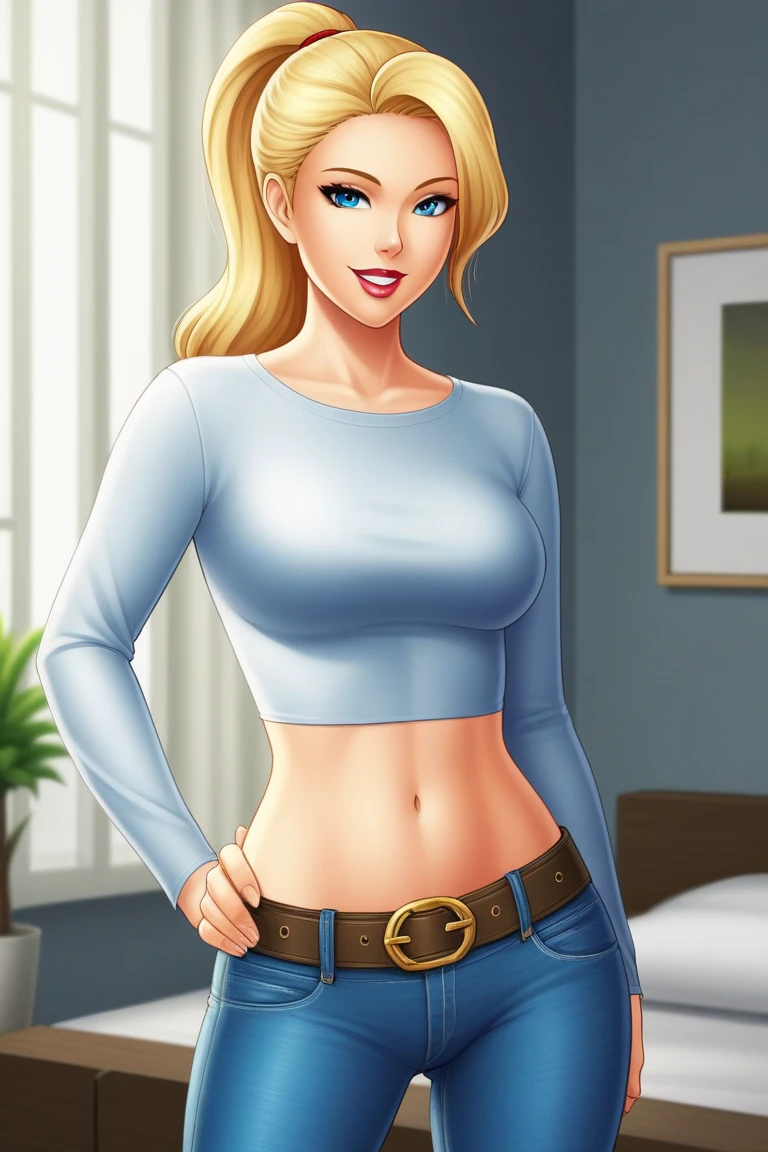 A woman with light blonde hair, with a visible eye that appears to be light blue in color. Her skin appears clear and she displays a slight smile., with a dimple on the cheek. Her face shows well-defined eyebrows and seemingly smooth skin.. She's wearing a black jean blouse, with some blue drawings. she is a an shape as muscle abs . No estilo Disney Pixar bigger-boobs sexy clothes . a girl with full yellow blonde hair, with a visible eye that appears to be light bluein color. Her skin appears clear and she displays a slight smile., with a dimple on the cheek. ((((topless nude with open shirt show nipples))) ((( hair pussy)))