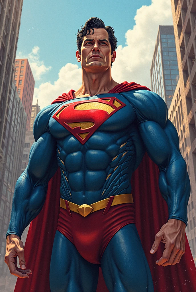 1boy, superman, abs, bara, black hair, blue bodysuit, blue eyes, bodysuit, cape, closed mouth, crossed arms, large pectorals, male focus, muscular, muscular male, pectoral lift, pectorals, red cape, short hair, outdoors, skyscrapers, solo, superhero, upper body , ((masterpiece))