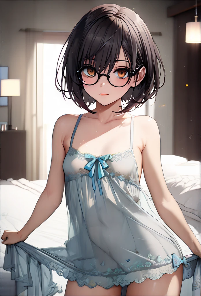 1girl, young teen girl, short girl, sarada uchiha, slim body, happy expression, white satin transparent nightdress, white pink panties, thin material, bobcut hair, open door, doorway, rubbing eye, black hair, eyewear, sexual aroused, night time, bedroom, blushing red, embarassed, smile, necklace