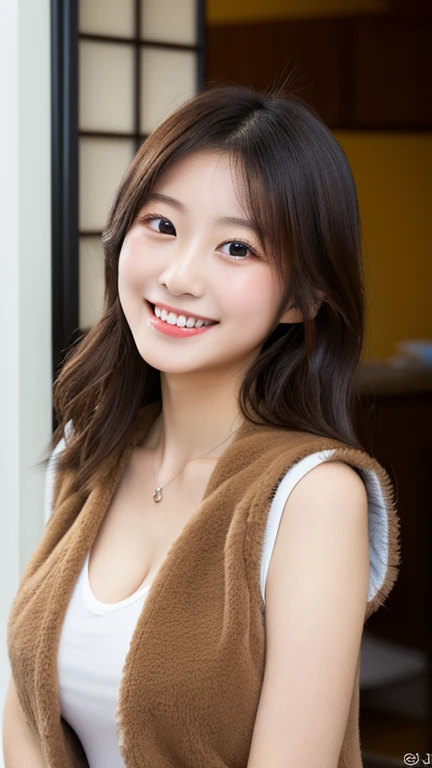 A very cute face like a 15-year-old idol Smiling Kindly In a blouse (whole body) Cleavage Medium Bust Stylish wine bar Cinema lighting Natural light Artistic RAW Photos Genuine High quality that is indistinguishable from real life Real Stick High resolution