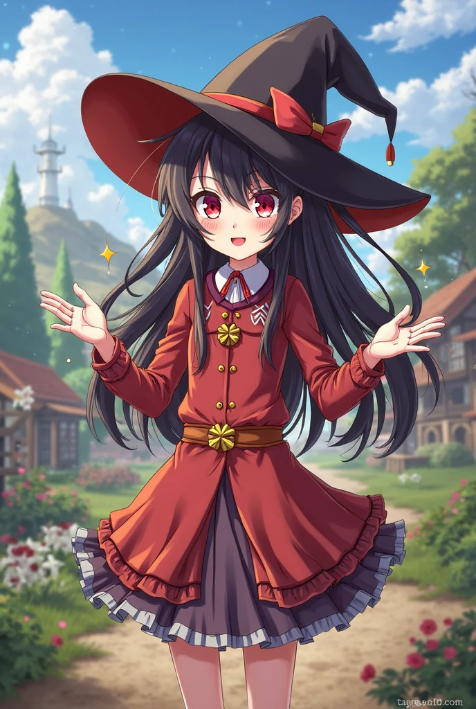 Witch's school garden with a high tower。Close-up of the face of a wizard girl about 18 years old。Smiling。Holding a book。Maroon wavy hair。Witch dress with beautiful ruffles and decorations。Big witch's hat。overknee socks。A brick road leads to a magical brick school building。Near and far law。blue open sky。Dynamic composition with depth。Extremely high quality、high-level image quality、Extremely delicate drawing。Rarely seen workmanship