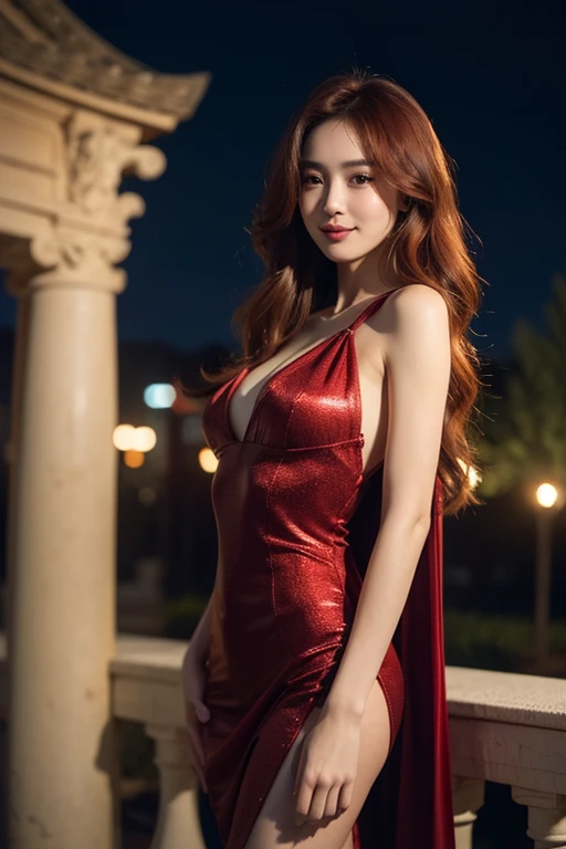 (beautiful detailed taiwanese woman, full body, long legs, slim stomach, long flowing straight hair, big breasts, red strappy evening gown, standing, evening city view, bokeh effect, rooftops, highly detailed facial and skin textures, detailed eyes, long eyelashes, best quality, 8k, masterpiece, sharp focus)