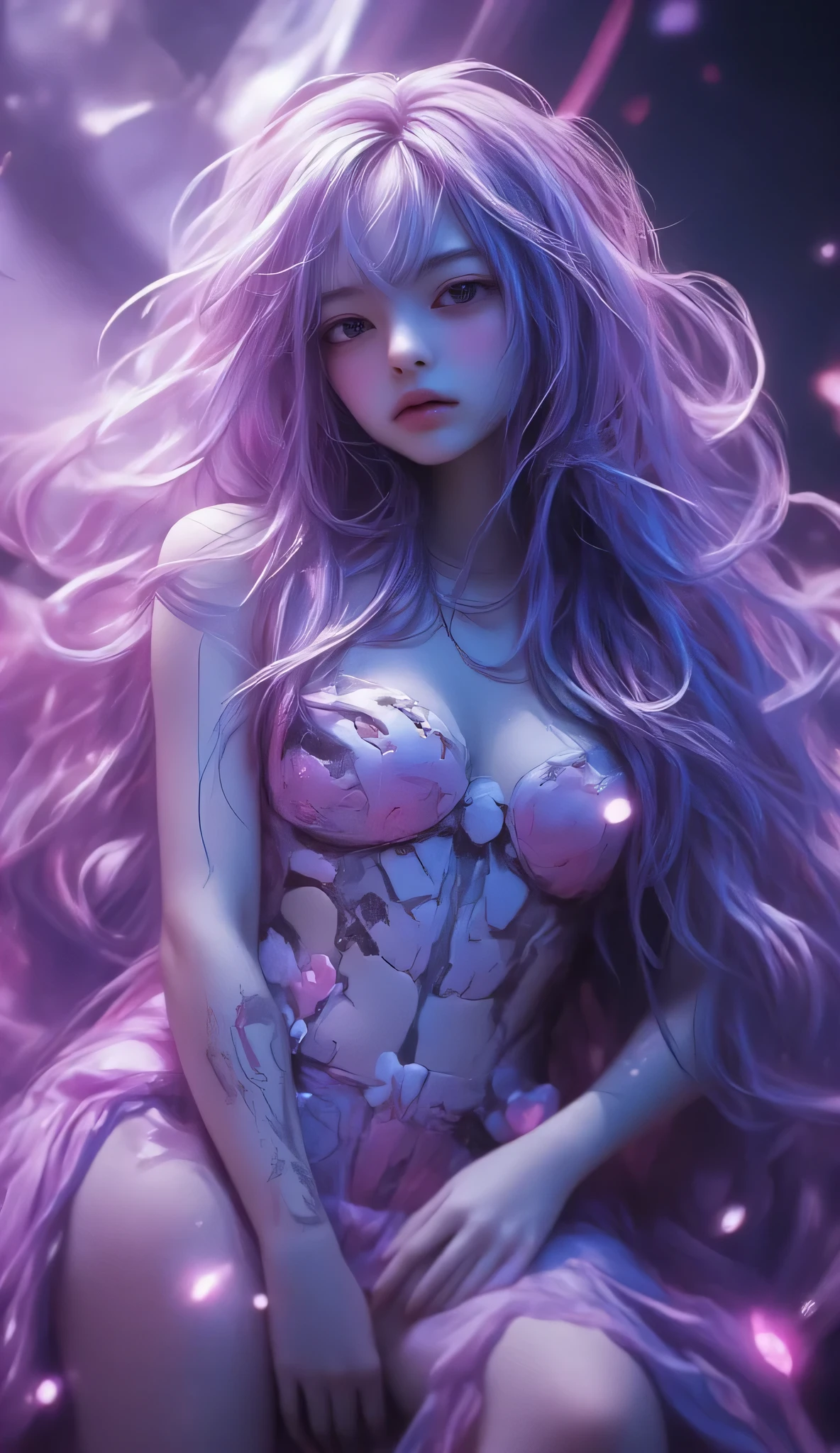 "((Galactic)) scene portraying an alien girl surrounded by a symphony of clouds, splashes of vivid colors, and delicate flowers, an imaginative composition that sparks the viewer's curiosity", contrast, saturation