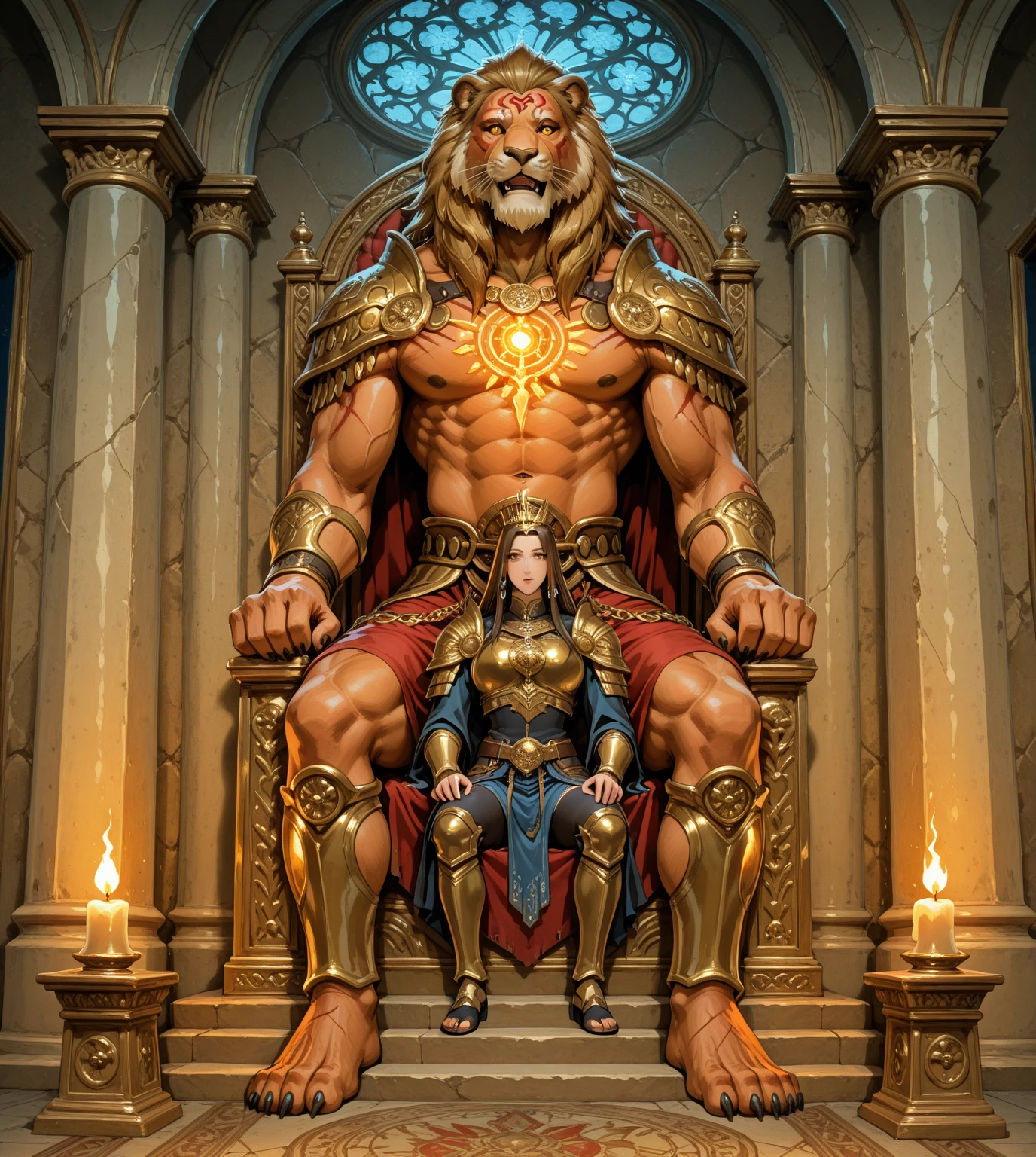 A sexy king sitting on a throne, crown,gold jewellery, penis ,he is getting fucked by his knight,gay anal sex