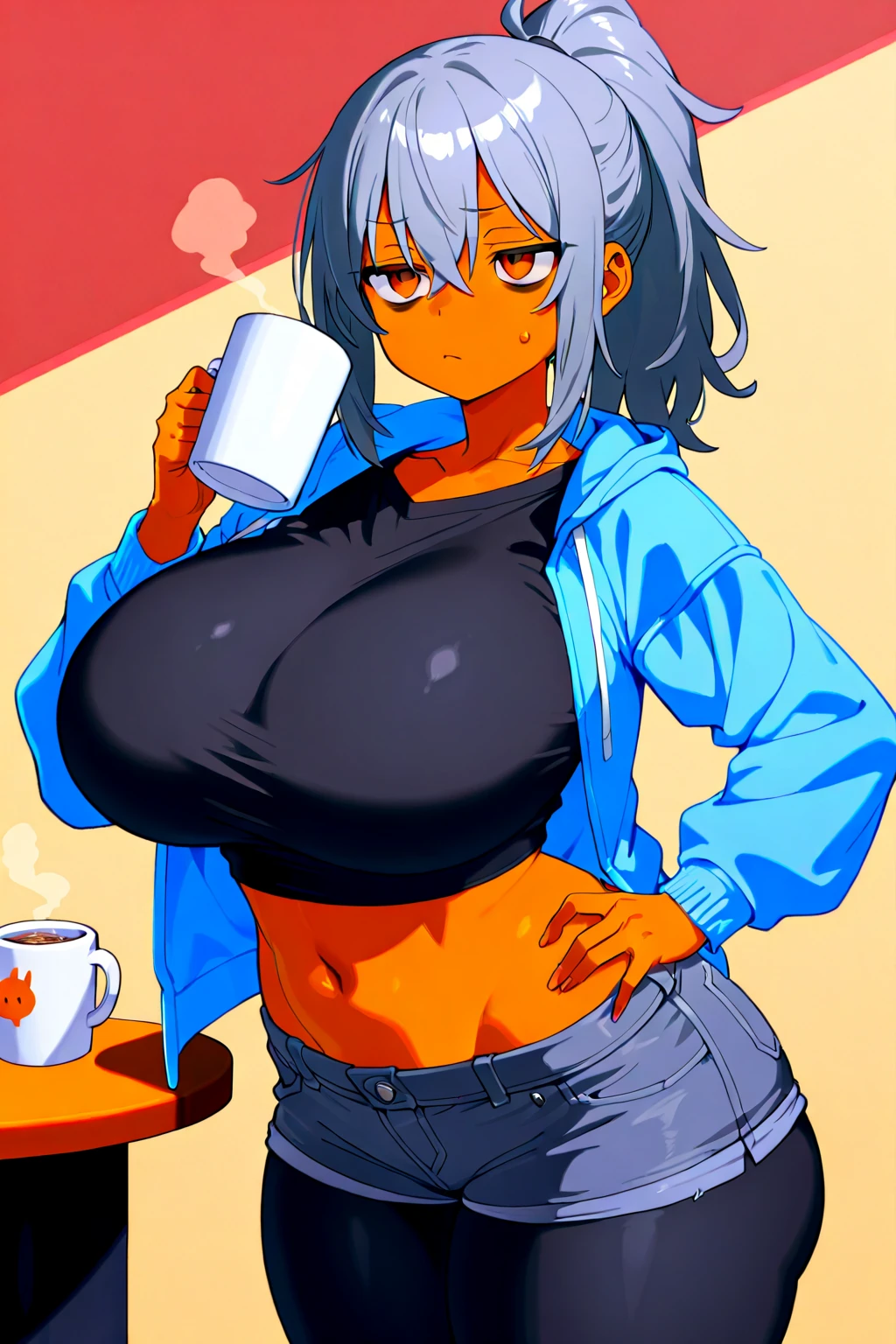 1girl, solo, gigantic breasts, thick thighs, thight fit, casual clothes, slight smirk, holding a drink