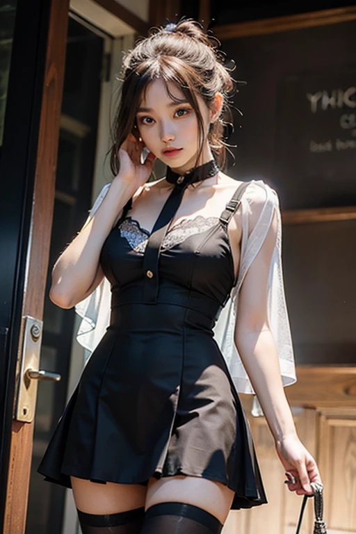 masterpiece, best quality, 1 girl, female focus, striking light red eyes, straight hair, lavender hair, front fringe, dark purple bandana, dark purple dress, strapless dress, pink butterfly print, print on skirt, matching sleeves, pull-on sleeves, stockings, heeled boots, red obi, obi tied around hips,