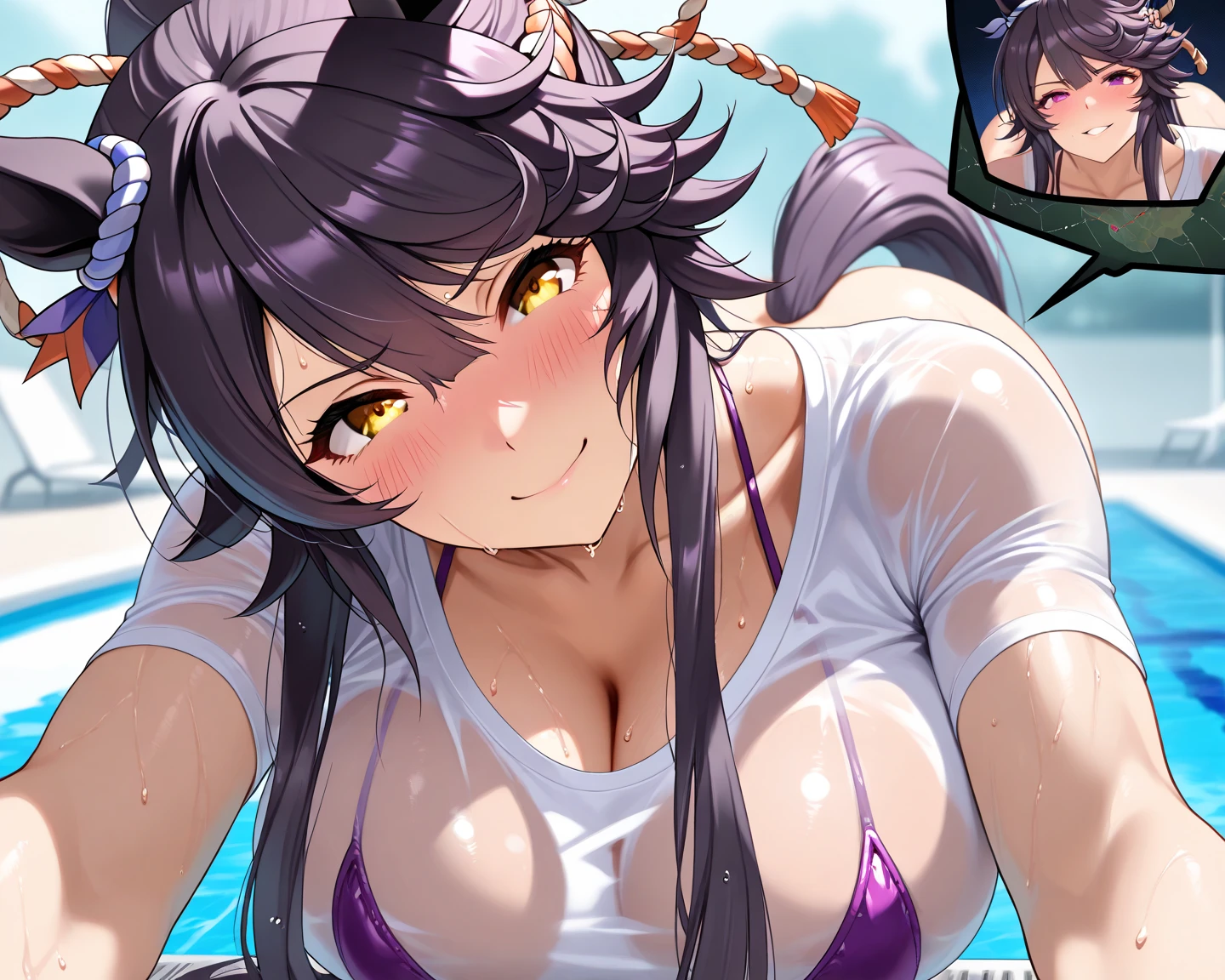 Miyauchi Kazuho,Jeans pants,Big Breasts,Upper body only((Blue swimsuit)),Hold a drink in your left hand,Riverside,blush,expression(Puzzled),