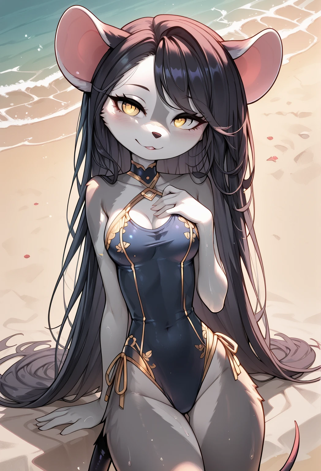 kenny \(kenashcorp\), panda, female, three-quarter portrait, beach, blue sky, ((frilly bikini, flower on head)), smile, (heart ahoge), 3d, scut tail, open mouth, black hair, black eyes, by personalami, by miso souperstar,