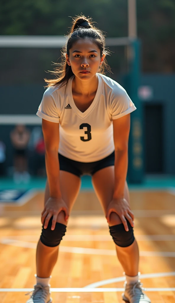 captured from side, most beautiful 16yo girl, volleyball player, beautiful detailed face, beautiful detailed eyes, dirty-blonde-with-highlights hair in a ponytail, excellent female figure, very tightly-fitted long sleeve jersey top, black very short very tightly-fitted booty-hugging volleyball shorts, ((large round perfect sexy ass, thicc toned thighs)), very narrow very fit stomach, medium natural breasts, standing on the court in the gymnasium, leaning forward, knees bent in a half-squat, ((hands on knees)), near her teammates, surrounded by fans in the bleachers, opposing team visible behind net, (masterpiece, highres, 8k,ultra-detailed, best quality:1.2), (photorealistic,photo-realistic,realistic:1.2), (associated press, award winning, sports action, close up, cover, natural lighting, natural shadow, best depth of field, bokeh, impeccable timing:1.2), (physically-based rendering, anatomically perfect:1.2)