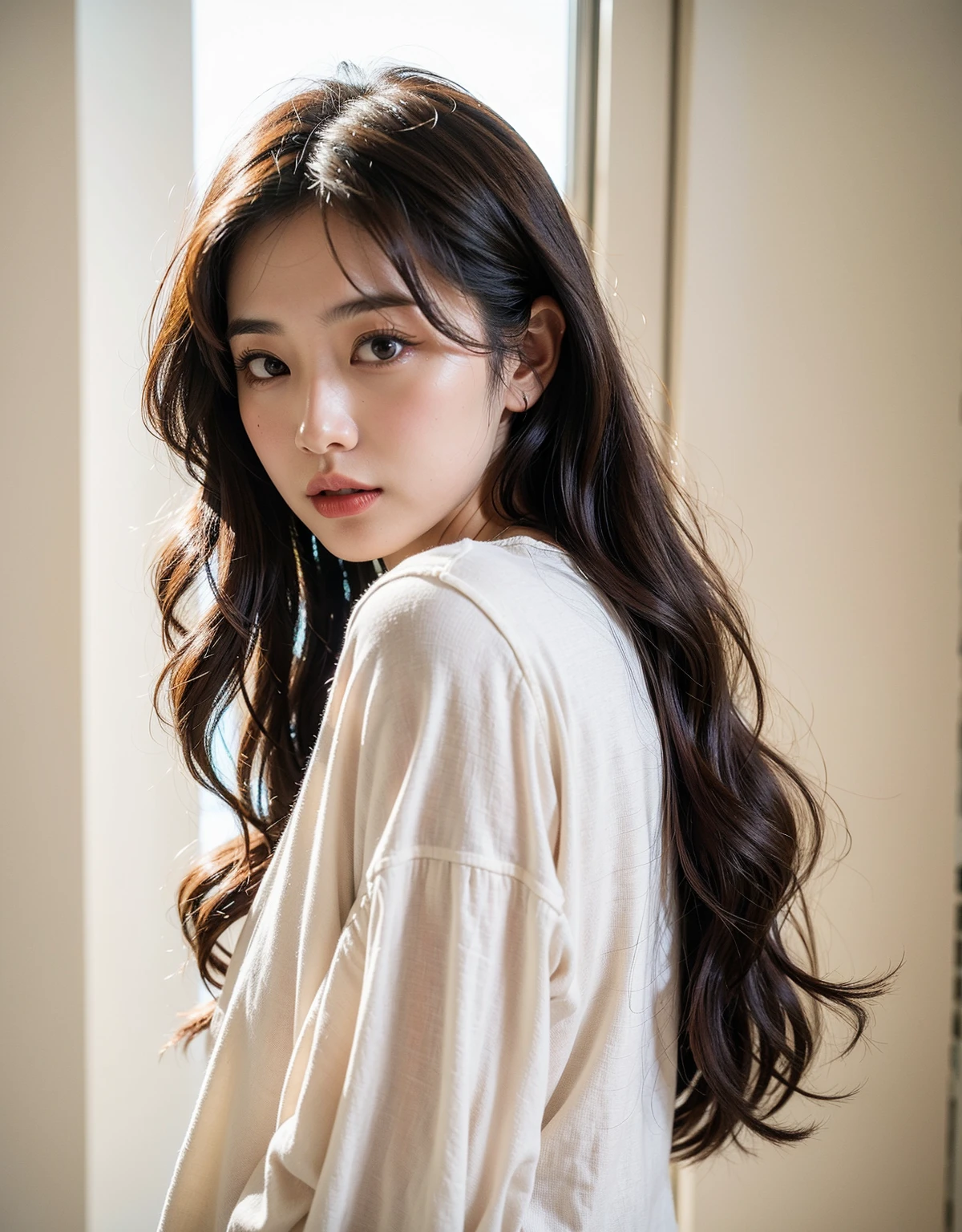 top-quality、​masterpiece、hight resolution、1girl in、solo、Raw photo、Real person、Detailed skin、japanes、brawn hair、thin bunches of bangedium Hair、Curly hair、Floating hair、fullllbody,cropped shirt、White Room、catchlight