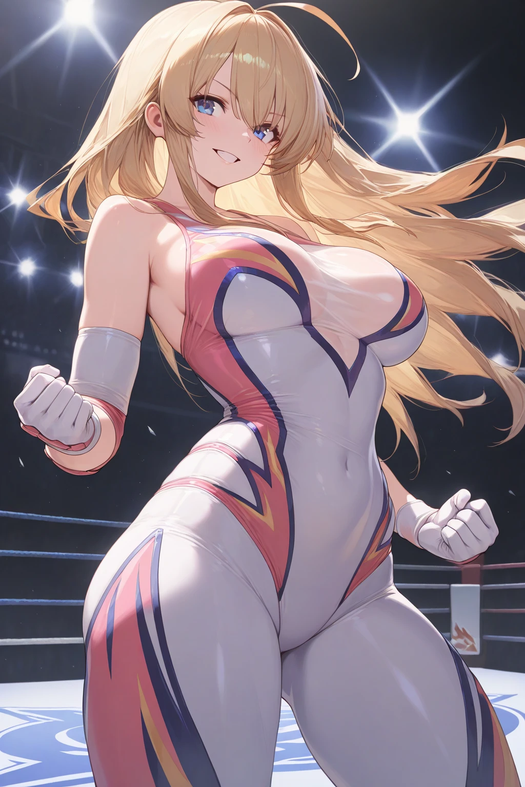 men and women ,expensive,170cm、 (Boxing Ring、Spotlight、A large number of people、Stadium), 、(have confidence々face、笑face)、Long Hair、They hesitate,Sweaty body、Wet Hair, Underarm, Big Breasts , (expensive色彩彩度:1.0), (Very detailed肌), (Highest quality:1.0), (Ultra-high resolution:1.0) ,(Realistic:1.0), (Very detailed:1.0), (8k, RAW Photos:1.1)、Are standing、Sailor Venus、Blonde