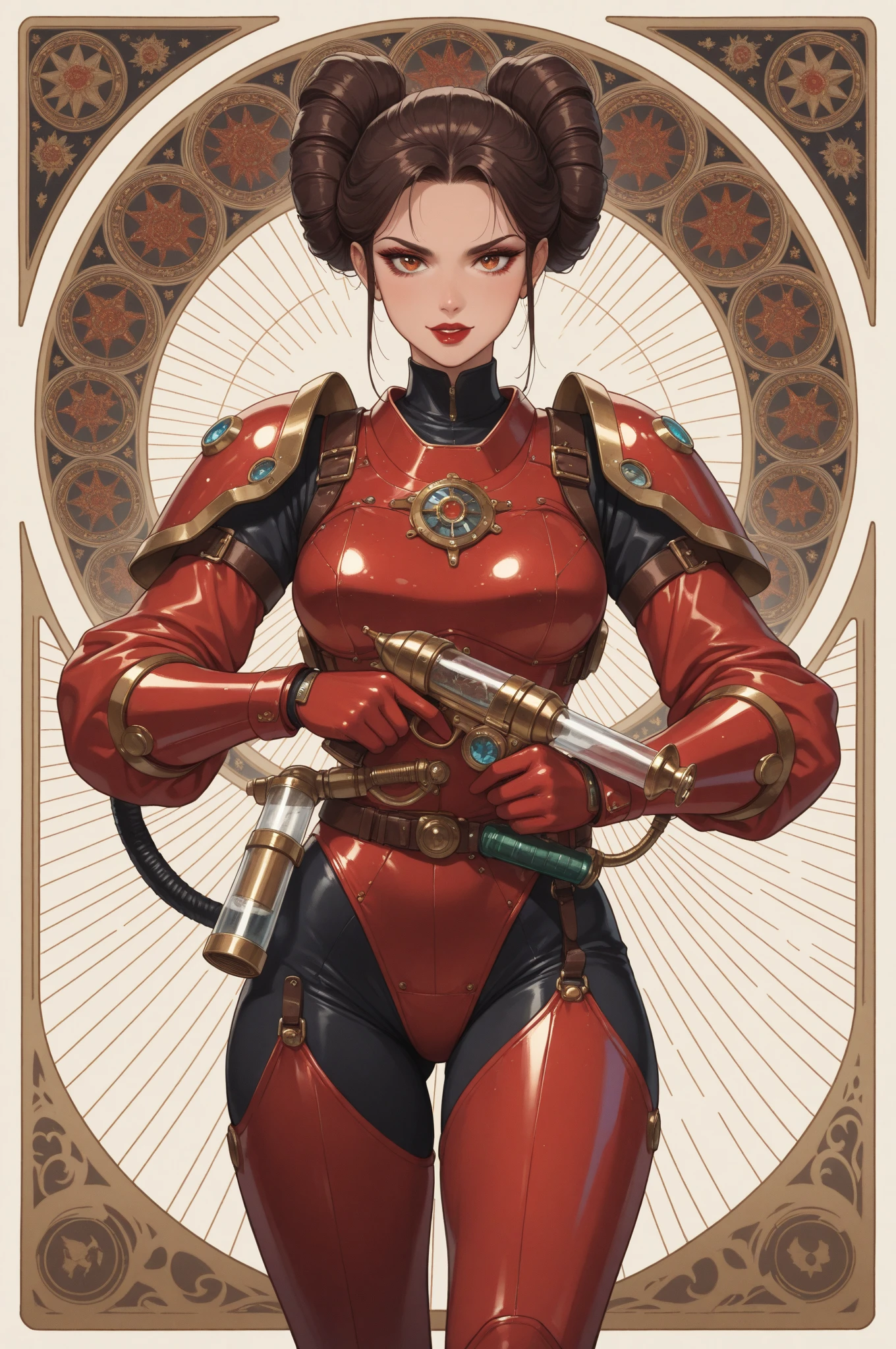 (((Grace Jones))), (((red suit))), (((back view))), (((perfect ass))), ((( soldier suit ))), (((Black short haircut))), (((Afro girl))), ((high collar)), (((red army suit))), (((best qualityer: 1.4))), (Unbeatable masterpiece), (hiper HD),(CG 8k hyper-realistic), (((brave face))), (((breasts big))), (((hyper feminine))), sexly girl, ((( sculptural body ))), (((1 Kizi))), Kizi cibernética de 25 anos com perfectbody,,Beautiful and well-groomed face,muscular body:1.2,solid color detailed jacket, (Head to thigh photos), Complex equipment, green dark,Long pants,Tight clothes are dark,With white stars and off-white stripes,,,,,Armor Metal Electronic Parts, Poison tattoos ) INFO, Kizi, (((standing alone))), pirralha violent, ((())), sexly, pose de atitude, work of art, post-apocalypse, (((manga style))), bounty hunter, violent, Manic, the way you want, slenderbody, thin but strong, perfectbody, roupa moderna, advanced technology, neon, sleeves with vertical striped pattern, neutral background, (( cowboy shot )). intricate visual
