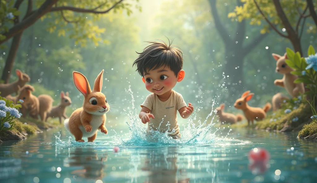 Depict Léo, the boy in his yellow shirt and blue shorts, and Remy, the mouse with his small, round blue hat, following a map through various challenges. They are crossing a slippery stream and climbing a grassy hill, with the garden’s greenery providing a rich backdrop