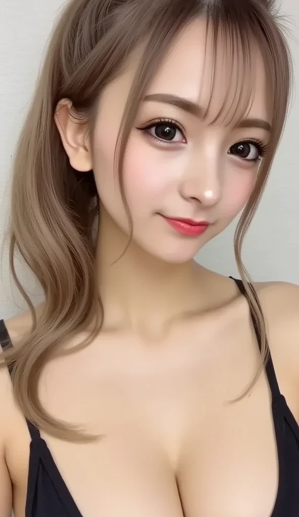 NSFW、((night、real light、highest quality、8K image、masterpiece:1.3))、非常にdetailed eyes、highly detailed face、Highly detailed skin texture、(Beautiful girl with normal body type:1.2)、(Light brown medium hair:1.3)、Completely ?????、nude、small nipples、sexy、lie on the bed、Narrow waist、thin thighs、look at the viewer、blush cheeks、happiness、fun、super detailed face、detailed eyes、with bangs、(dark eyeliner:1.1)、long eyelashes、Happiness、A big smile、Hotel room、indirect lighting、Bedroom、night景、looking from above