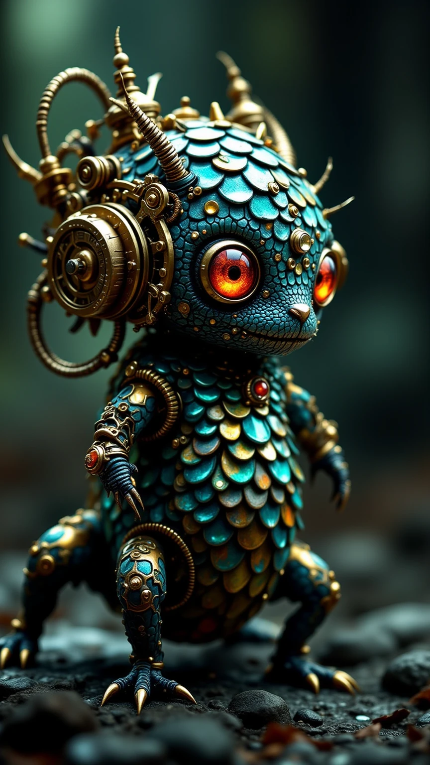 Scaled Divine Beast. Surrealism. A mysterious lifeform that combines an elaborate steampunk mechanism with a body covered in scales. The mechanism makes the creature's scales shine and makes the glassy scales shine. It is a small creature that exterminates harmful poisonous insects. It has a mysterious skin tissue that absorbs poison into its body and changes the color of its body.