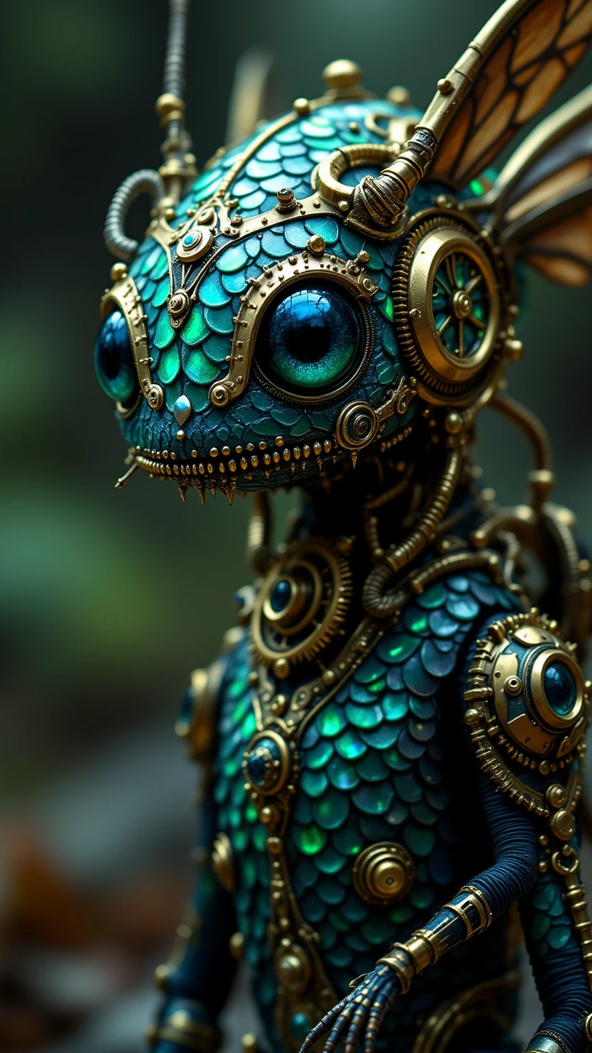 Scaled Divine Beast. Surrealism. A mysterious lifeform that combines an elaborate steampunk mechanism with a body covered in scales. The mechanism makes the creature's scales shine and makes the glassy scales shine. It is a small creature that exterminates harmful poisonous insects. It has a mysterious skin tissue that absorbs poison into its body and changes the color of its body.