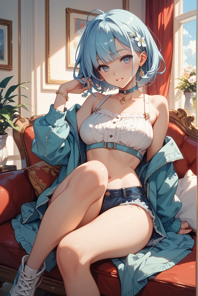 ((top quality, 8 k, masterpiece: 1.3, Ultra HD, high quality, Best quality, A high resolution, Realism)), sharp focus: 1.5, close viewing distance, Beautiful girl with a thin and lean body, small breasts, light blue hair, ocean eye color with light gradations, , white cropped bikini tops , Erotic pose on a chair with both legs wide open, showing off her pubic area, Camera angle from below, armpit, The shape of the pubis is clearly visible, Both legs are wide open, showing her pubis.