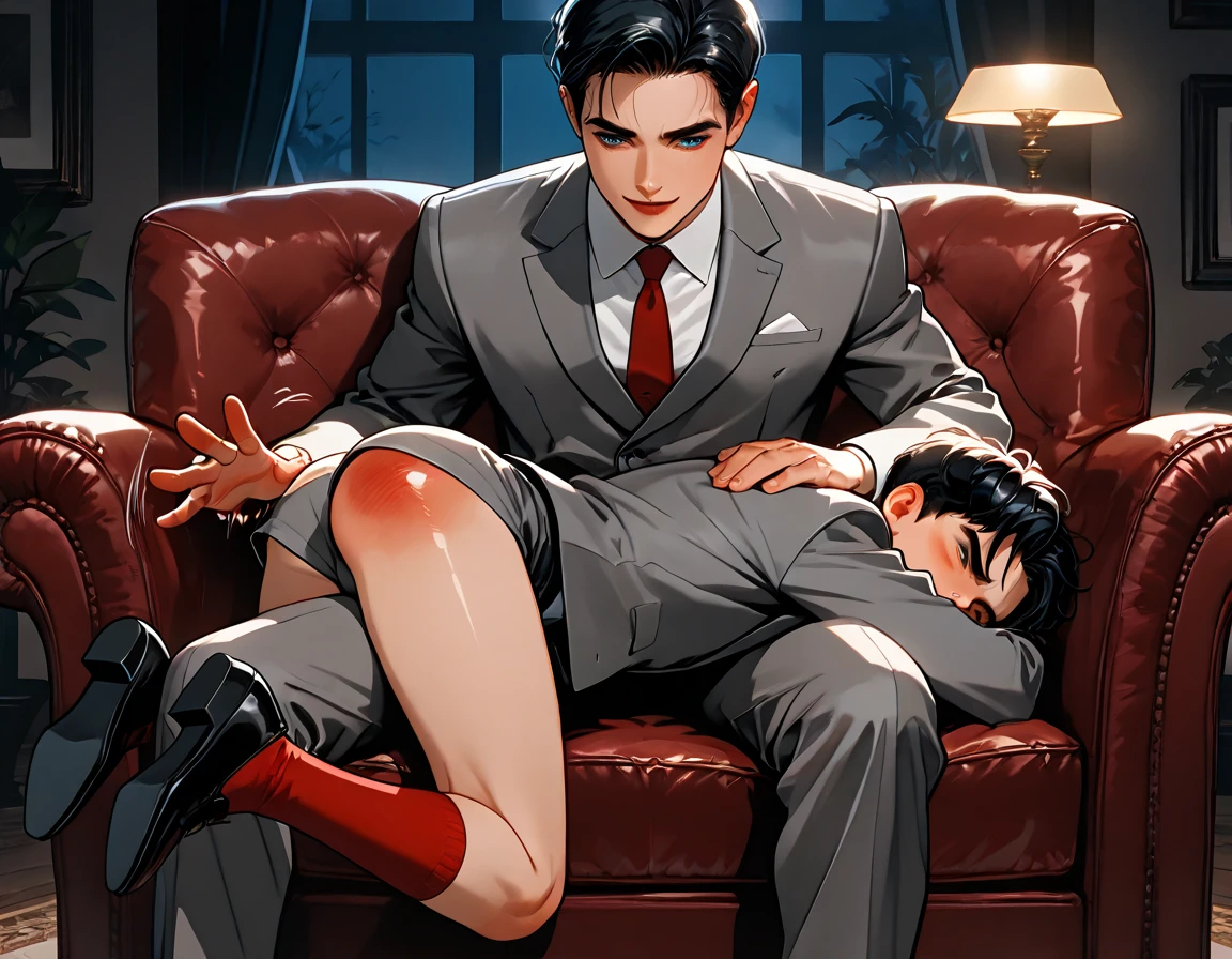 The man in his 45s with black very short hair and smooth face with moustache. The woman in her 45s with brown wavy long hair. In livingroom. The man is sitting on the sofa with his white shirt unbuttoned. The woman is naked, wearing only a thong underneath. Oral sex. Orgasm. Night. Dim and dark environment. Realistic. Ultra realistic.