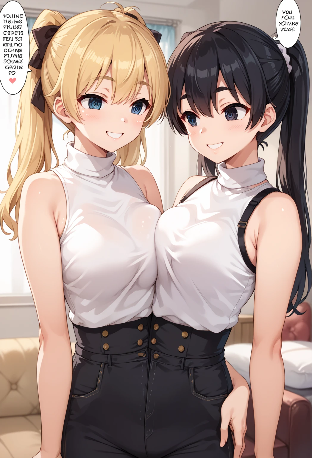 (best quality, (masterpiece),(ultra-detailed), (high quality), (high resolution), ((2heads:1.5)), best quality:1.5, highres, UHD, 16K), smiling, highres, masterpiece, ((blonde hair)) ((black hair)), ((different hair colors)) ((ponytails:1.5)), long hair,blushing, blue eyes, ((cinematic particles)), grey shorts, (black fingerless gloves), cowboy shot, ((gray crop top)), exposed midriff, open belly, ((pulled up sleeves)), college grounds, open breasts, huge tits