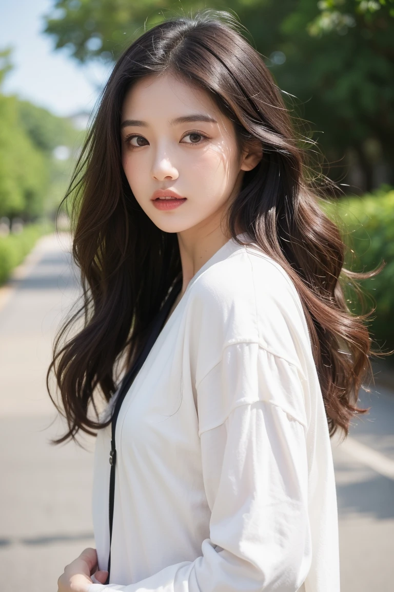 masterpiece、top-quality)、1 beutiful girl、Slim body、((Black and white plain clothes:1.1))、(Detailed beautiful eyes)、Walk around the store、((Boyish Brown Medium Hair))、((Smaller face))、((Neutral face))、((Face seen from the side))、((Light brown eyes))、((Korean Girl))、((18year old))、((cool lady))、((Wild look))、((Korean Makeup))、((elongated and sharp eyes))、((Happy dating))、((looking distantly))、((boyish))、((Shot from the same height as your face))、((Viewers are tall))、((She is walking in front of the viewer))、((Spoiled by viewers))
