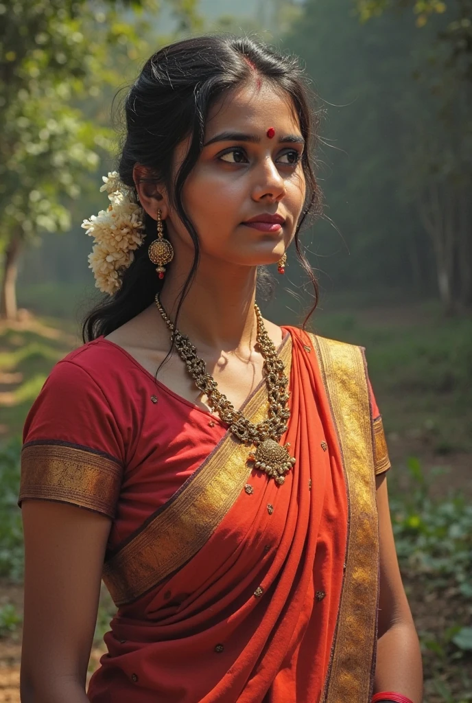 A beautiful woman in a white saree red border pallu on head with bindi Bengali style and a mole in her face standing full body displayed realistic 