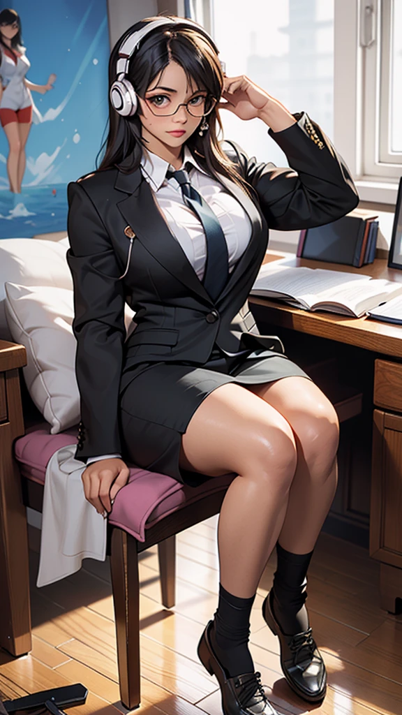 Tall beautiful mature woman with confident expression,  Plump body, huge-breasted , ,Dark skin, black military uniform with many medals, Black stockings, Black High Heels、Bend your knees and spread your legs、Show off your crotch、Sit in a small chair、office、