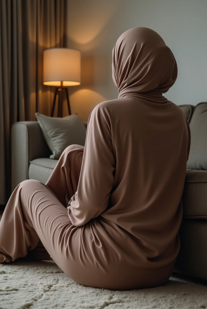 with black headscarf, grey sweatpants, bare feet, Sexy woman lying on the couch. 