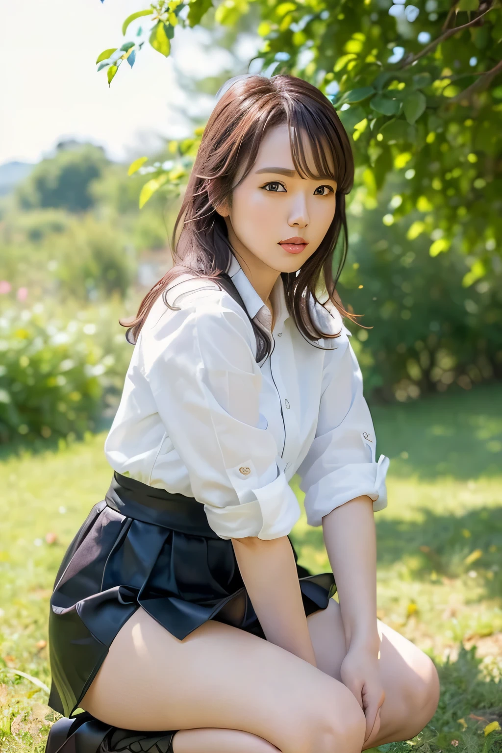 top quality、masterpiece、High Sensitive、high resolution、Detailed Explanation、glass、miniskirt、crouch down、