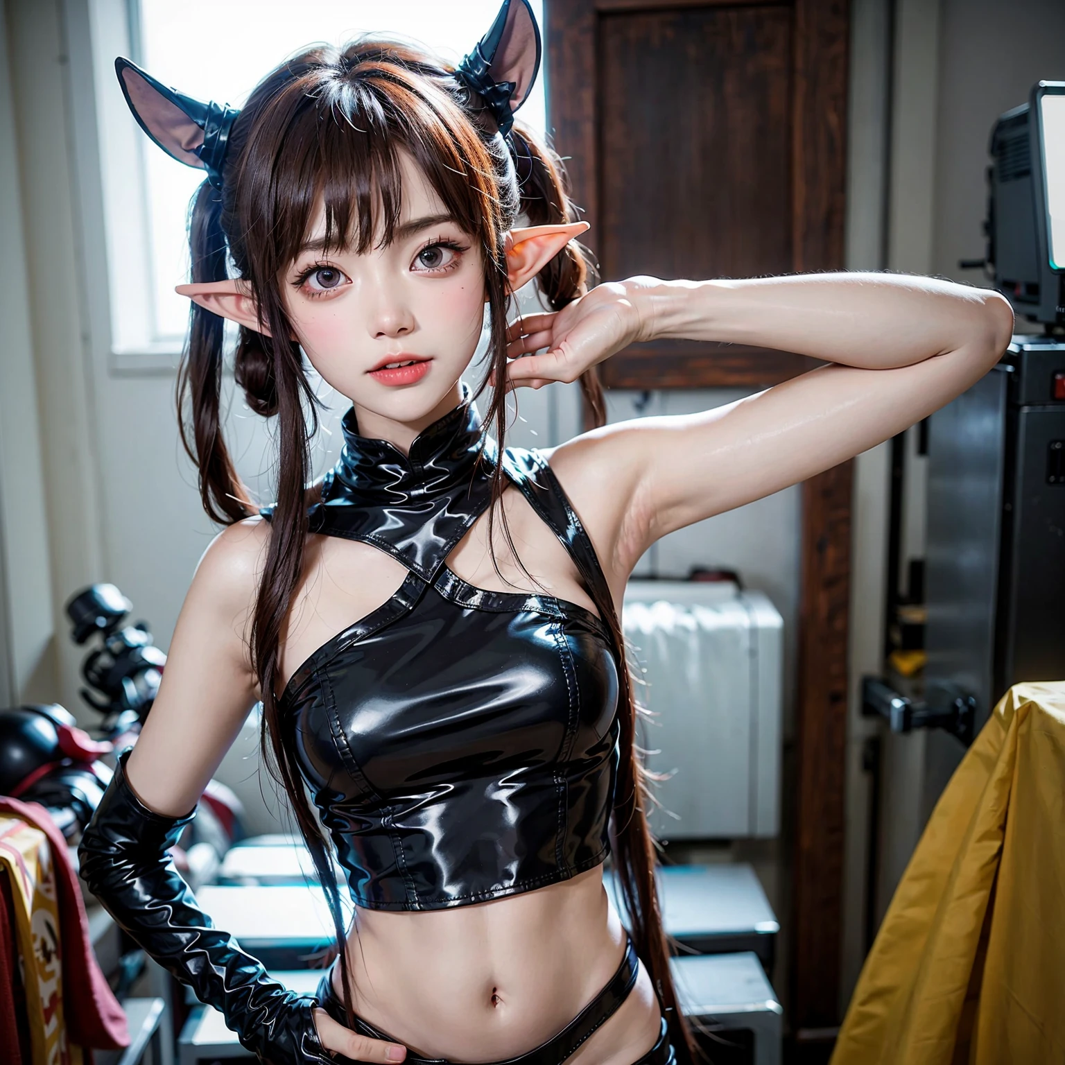 Best Quality, ((top quality, 8k, masterpiece: 1.3)), crisp focus: 1.2, 1 elf european asian teenager girl, 1 girl, full Body, highly detailed face and skin texture, detailed eyes, Long straight Hair, Pigtails, Studio, Completely naked , wearing choker, wearing dog leash on her neck, Slave Chain, Slave Collar, high collar, wearing high heels, she is blushing, ulzzang, pale porcelain white skin, pale fair skin, drooling saliva, sitting down on the carpet floor, minimalistic gamer girl bedroom, cyberpunk ambiance, (in penthouse terrace with view of the city at night). skyline cyberpunk, vaping, taking a puff, vape. playfull, cute. seductive pose. playfull pose, Delicate face,wearing a cat hat ears, cosplay, wearing cat gloves, she has fluffly cat tail, cat tail plug, super-fine,ahegao face, 8K, Fluorescent glowing tubes decoration at the background, UHD, masterpiece, masterpiece, anatomically correct, textured skin, high quality, highres, slender and graceful young elf, her lips are plump and perfect, ((fishnet underwear, erotic, small breasts)), small average tits, pussy marked, transparent showing , legs spread wide, open legs, showing her pussy)) vaping. smoke rings. smoking. Aesthetic, photorealistic, Big eyes、Cat-eared clan、Cat's ears、very thick tail:1.5、she is wearing a very thick and long cat tail、Pigtail hairstyle,