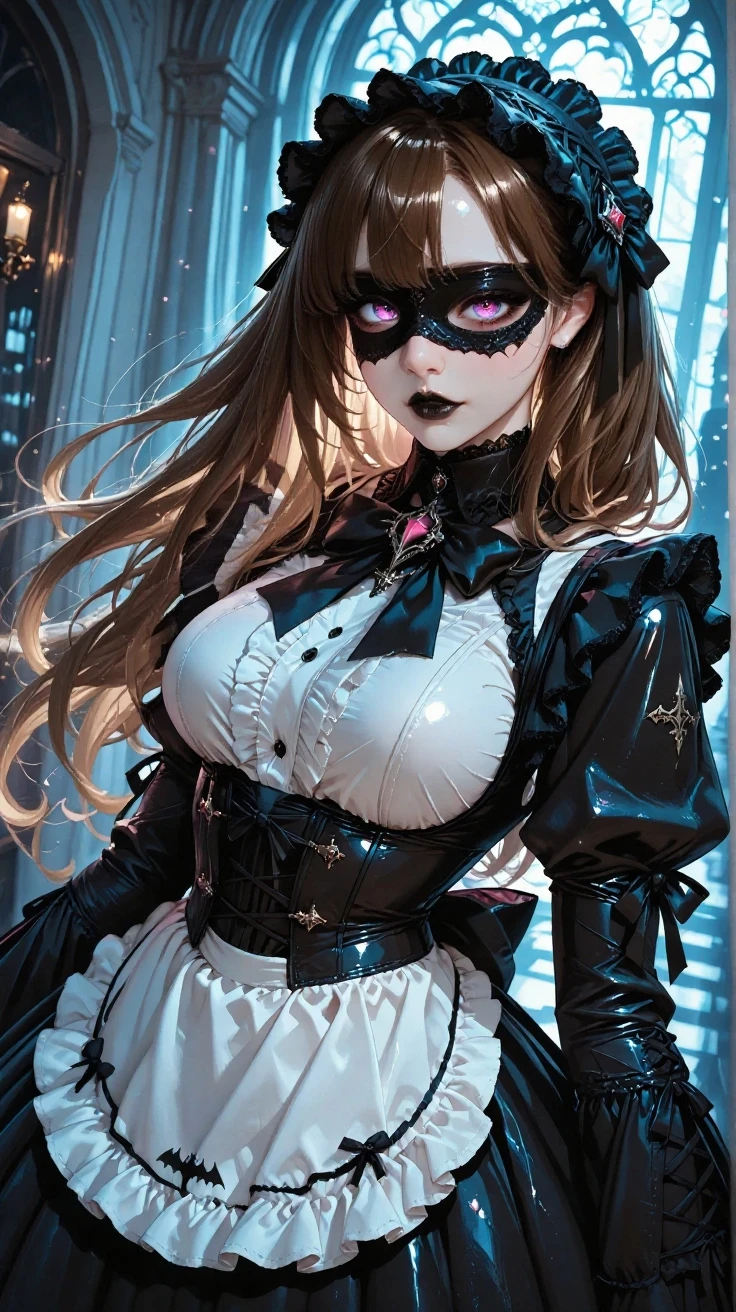A young woman, with long curly hair, wearing a Victorian Steampunk style mask, that covers a large part of your face. She wears a formal female military uniform(without exaggeration or fantasy).