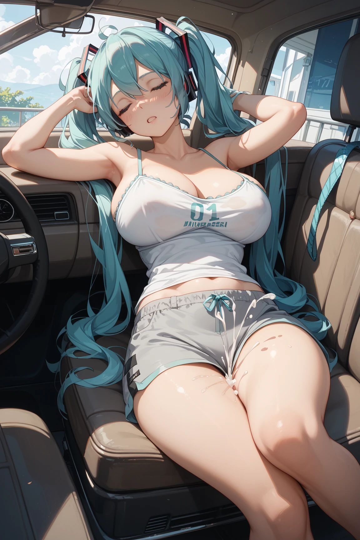 Girl, solo, Full Body, laying down, Long hair, white hair, Yellow eyes, closed mouth, eyes almost closed, breasts, big breasts, large breasts, big butt, white Button shirt, ripped Button shirt, torn Button shirt, Buttons popped out, black bikini, exposing your hands on your legs, in the car back seat