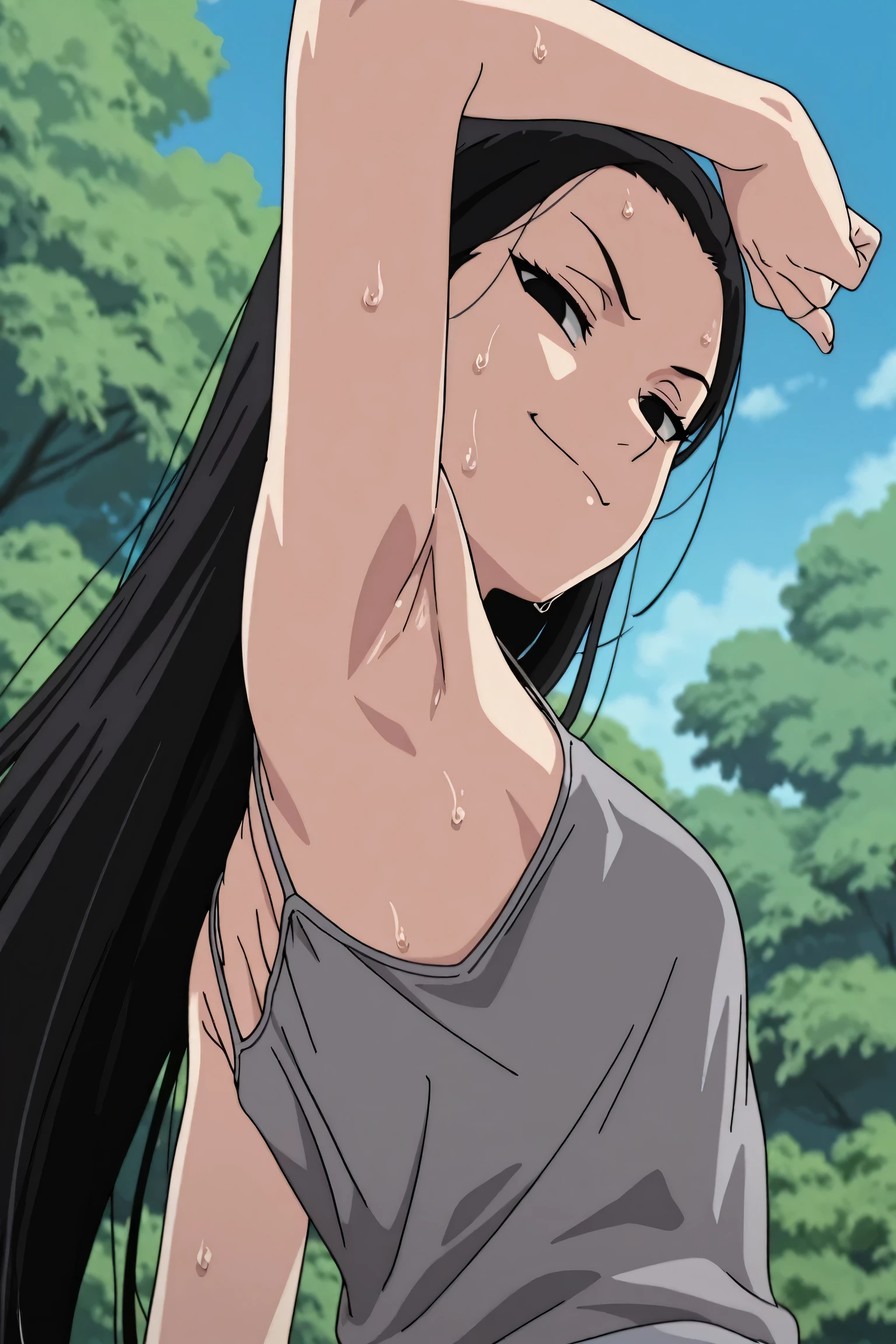 masterpiece, best quality, amazing quality, anime screencap, anime coloring, 1girl, solo, kt1, black hair, long hair, black eyes, small breasts, forehead, grey tank top, spaghetti straps, skindentation, (sweaty:0.7), arm up, raised arm, armpit, armpit focus, head towards viewer, looking at viewer, direct eye contact, evil smile, smug, closed mouth, half-closed eyes, confident, outdoors, day, from side, from below, from behind
