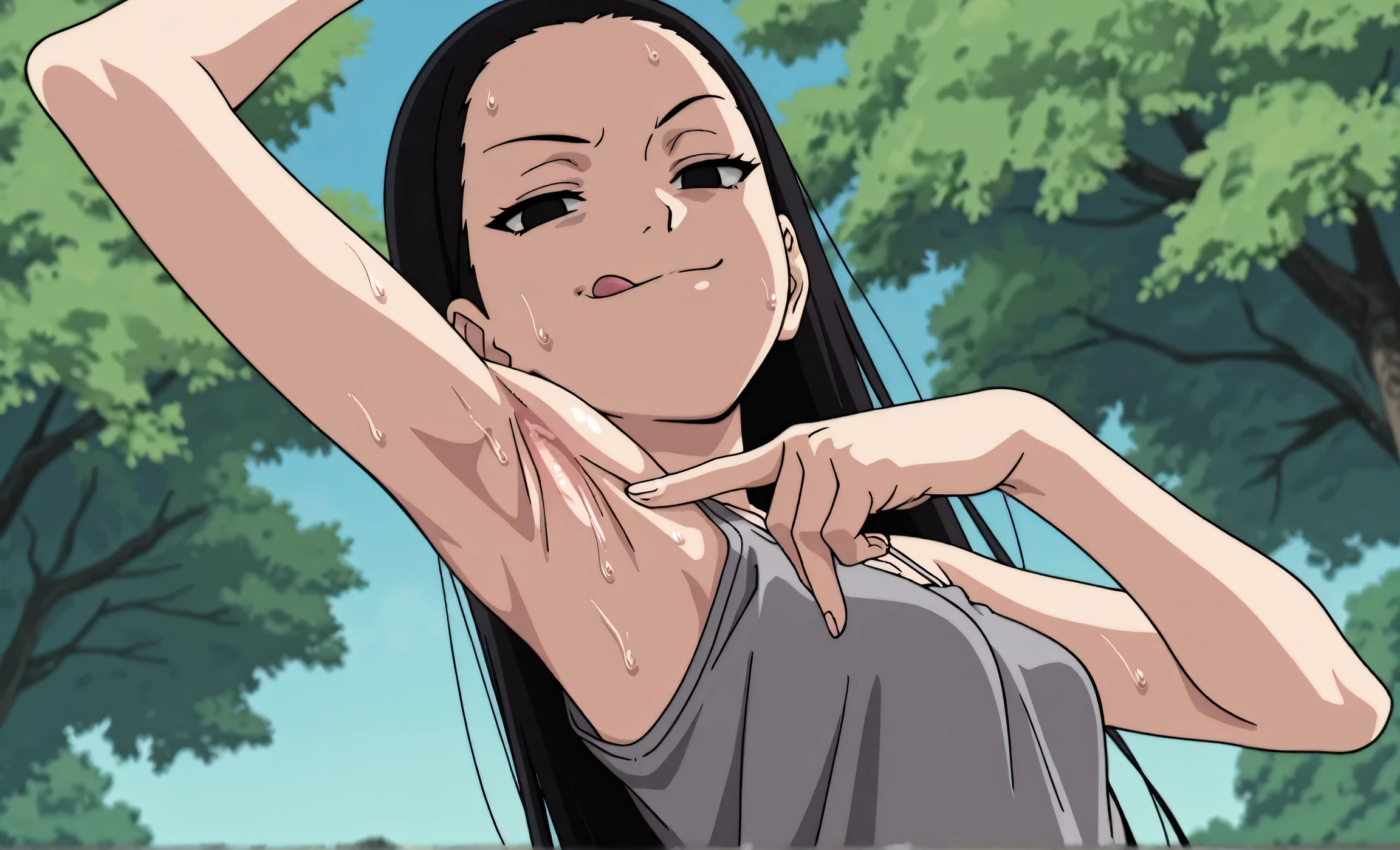 masterpiece, best quality, amazing quality, anime screencap, anime coloring, 1girl, solo, kt1, black hair, long hair, black eyes, small breasts, forehead, grey tank top, spaghetti straps, skindentation, (sweaty:0.7), arm up, raised arm, armpit, armpit focus, head towards viewer, looking at viewer, direct eye contact, evil smile, smug, closed mouth, half-closed eyes, confident, outdoors, day, from side, from below, licking lips, spread armpit