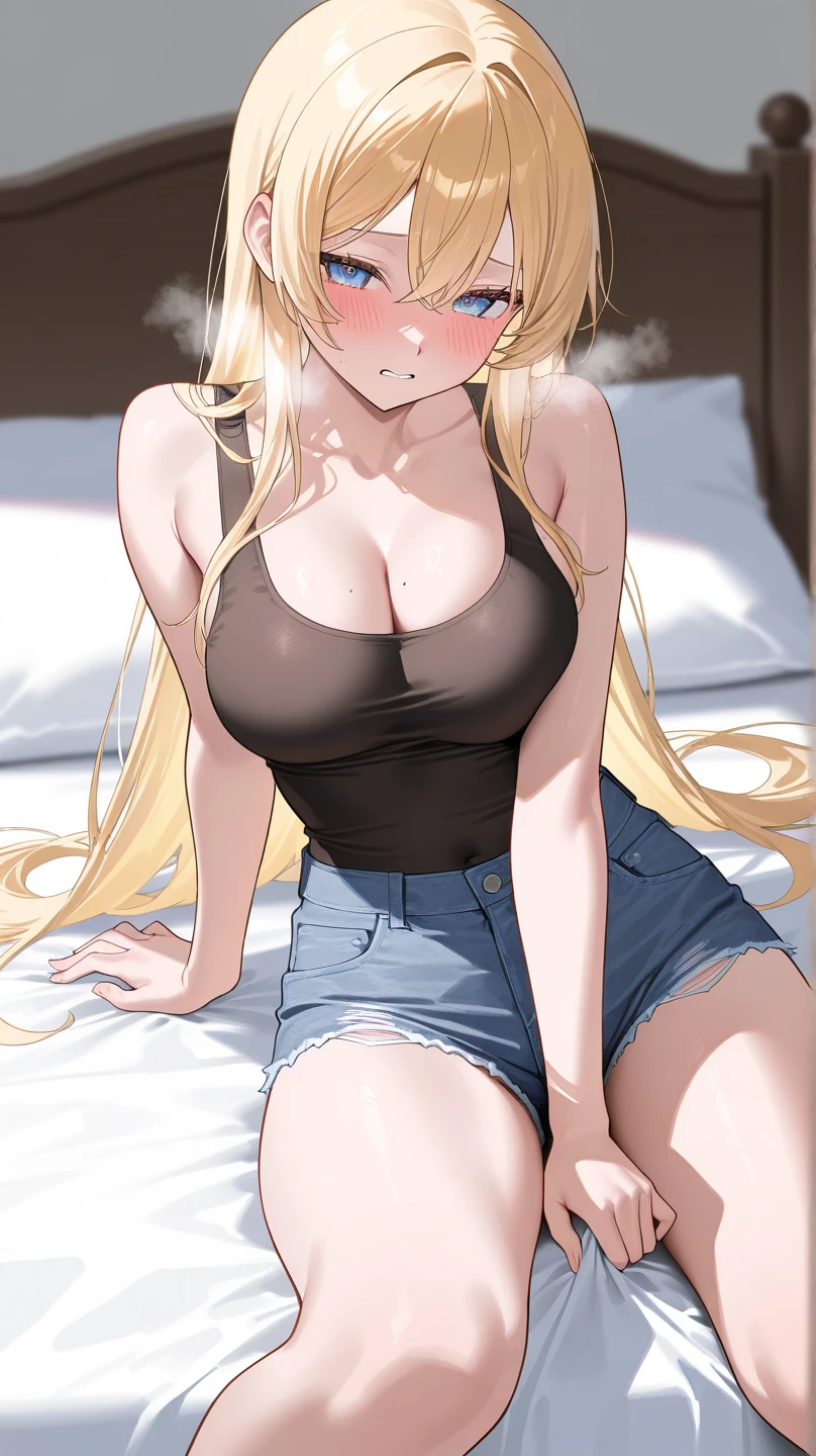 1girl, (Blue eyes), (smiling :1.2), (Sana Minatozaki), wide hips, Big tits, big ass, shiny body, (Best Quality, 8k, Masterpiece: 1.3), Clear Focus: 1.2, Perfect Body Beauty: 1.4, Highly detailed face and skin texture, detailed eyes, double eyelids, red lips, (blonde long hair :1.2), (cleavage black t-shirt :1.3), erection, (huge penis, huge testicles:1.1), lying on the bed showing the cock, legs open with erect cock, in a hotel room
