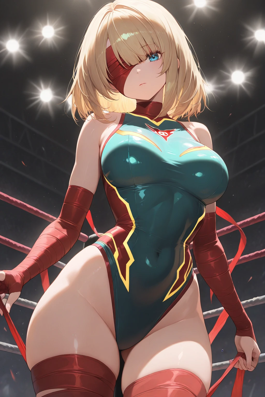 Caucasian woman, white woman, (((green eyes))), blonde hair, wavy hair, long hair, small breasts, smile, wearing sports leotard, (((red leotard))), white sports shoes, (((athletic body))), marked nipples, (((dark environment))), (((camel toe))), bare legs, in gymnastics stadium, frontal shot from bottom to top.