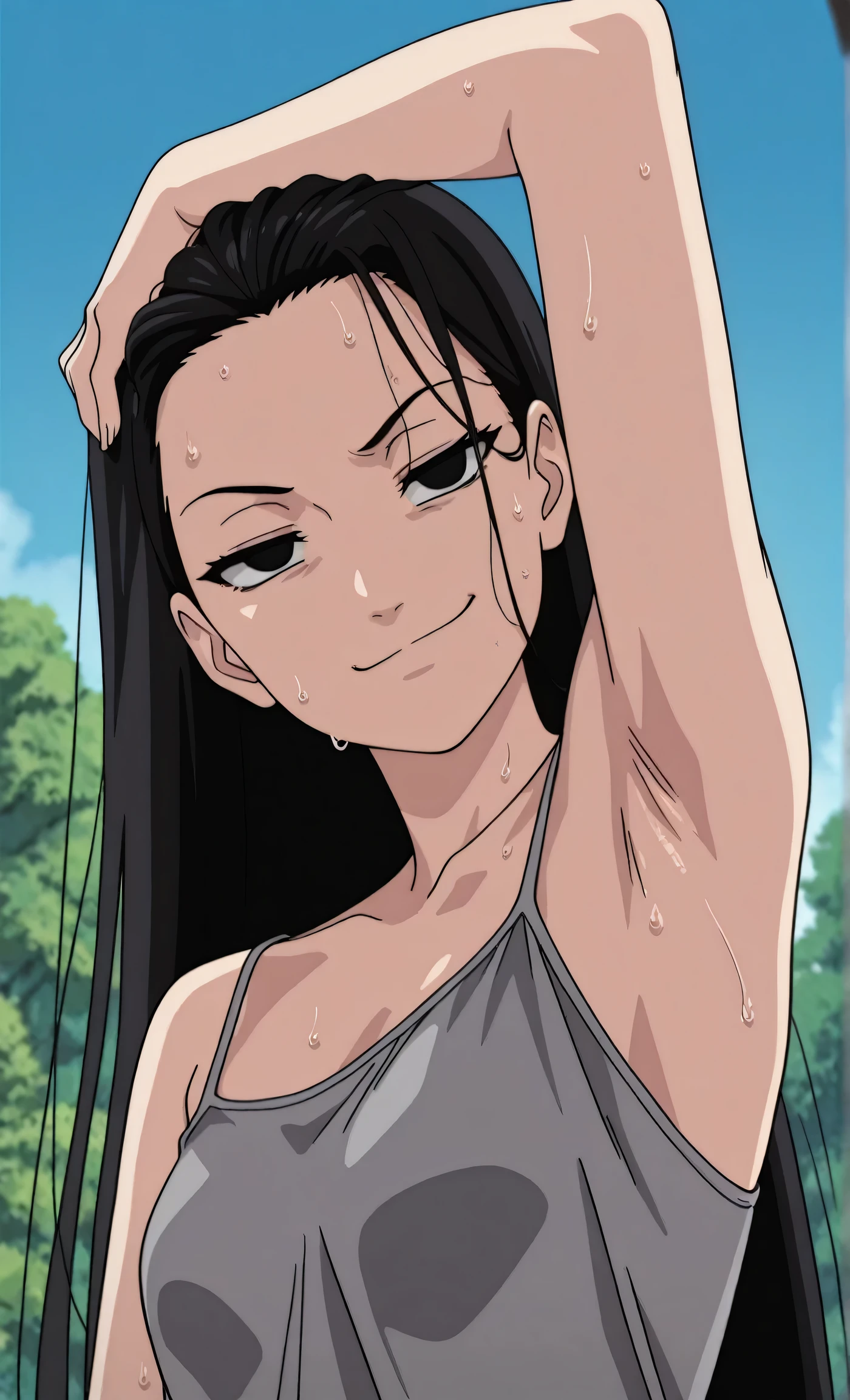 masterpiece, best quality, amazing quality, anime screencap, anime coloring, 1girl, solo, kt1, black hair, long hair, black eyes, small breasts, forehead, grey tank top, spaghetti straps, skindentation, (sweaty:0.7), arm up, raised arm, armpit, armpit focus, head towards viewer, looking at viewer, direct eye contact, evil smile, smug, closed mouth, half-closed eyes, confident, outdoors, day,