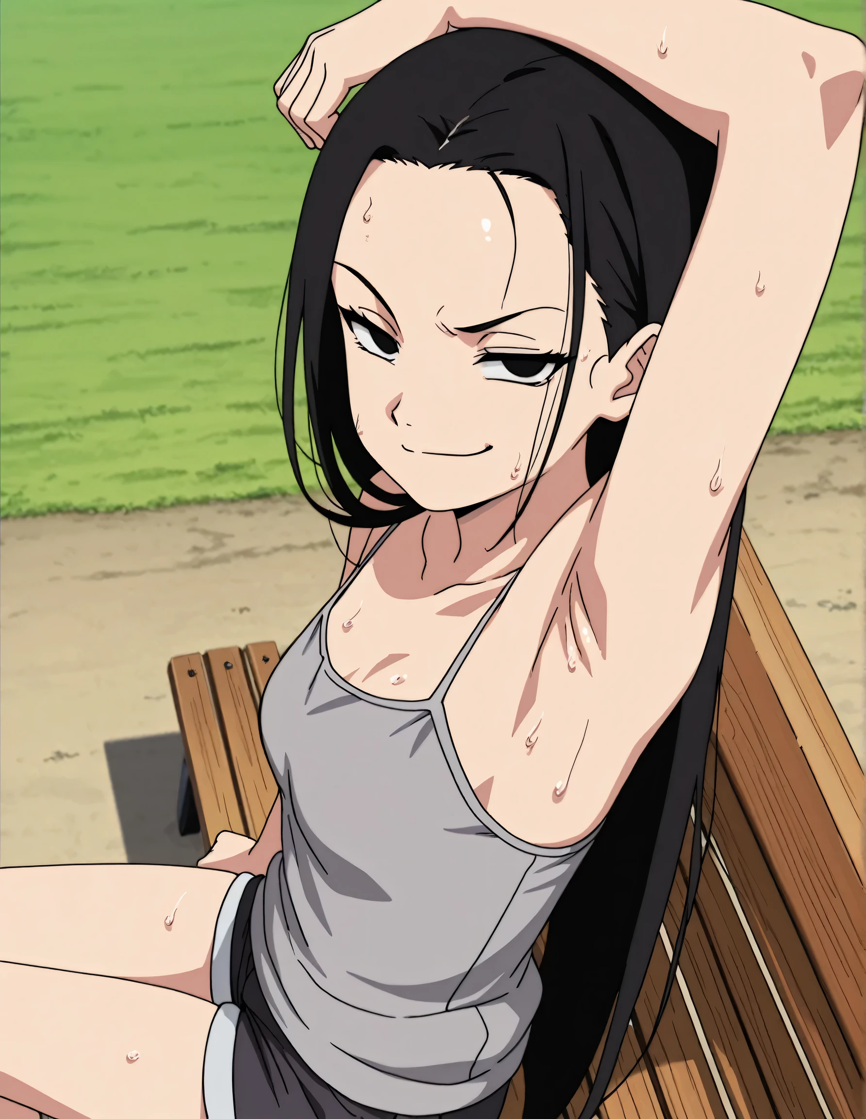 masterpiece, best quality, amazing quality, anime screencap, anime coloring, 1girl, solo, kt1, black hair, long hair, black eyes, small breasts, forehead, grey tank top, spaghetti straps, skindentation, (sweaty:0.7), arm on own head, armpit, armpit focus, head towards viewer, looking at viewer, direct eye contact, evil smile, smug, closed mouth, half-closed eyes, confident, outdoors, day, from side, from above, sitting on a bench short shorts