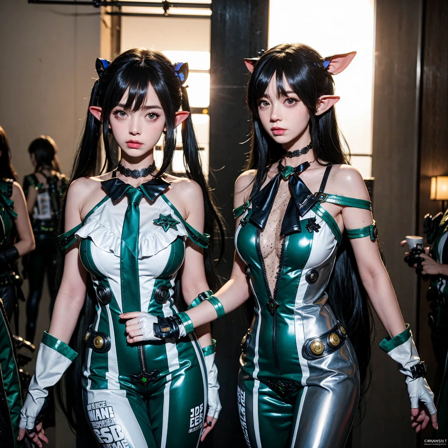 (Tabletop:1.0), (highest quality:1.4), (High resolution:1.2), (Realistic:1.4), (8k, RAW Photos:1.2), (Soft Focus:1.4),break,Three girls wearing leather bunny costume walking and Smiling while taking a photo.............................................................,(3 girls wearing latex bunny suit:1.2),(playboy bunny:1.4),(cut out:1.5),break,Slime Skin,Smooth and tight boots, Clear skin,latex, Translucent body,latex Shiny,Perfect Fingers,(Shiny latex gloves:1.2), Boots that fit your skin,break,bob hair,(mint Hair:1.3),glossy Shiny reflective,Gal Makeup,Japanese Goddess, Glowing Skin,Gorgeous Japanese Model,Shiny,Shiny,slimy,(shiny black thighhigh boots:1.2),break,Detailed Background,(at bar:1.4)