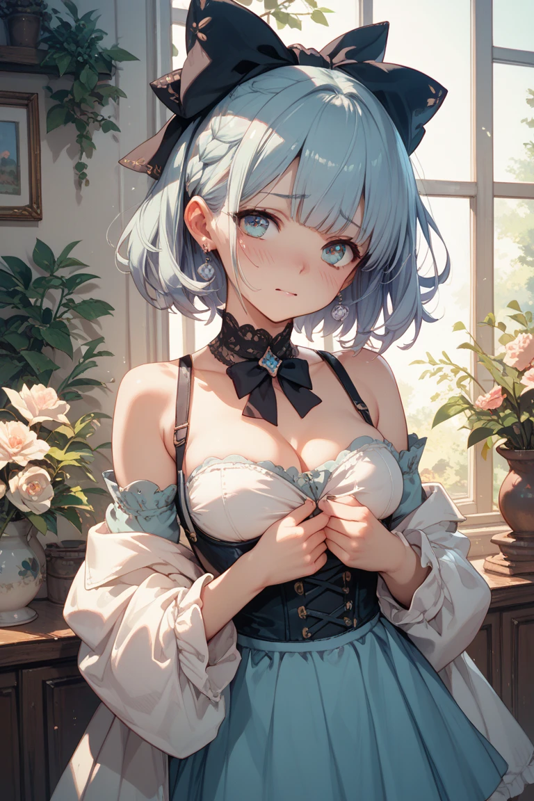 score_9, score_8_up, score_7_up, score_6_up, score_5_up, score_4_up, KotoneAsahiVTXL, green eyes, white pupils, flower shaped pupils, blue hair, short hair, twintails, hair between eyes, sheep ears, curled horns, large breasts, bare shoulders, blue jacket, fur trim, white dress, neck bell, white thighhighs, brown boots, solo, standing, looking at viewer, indoors, big breasts