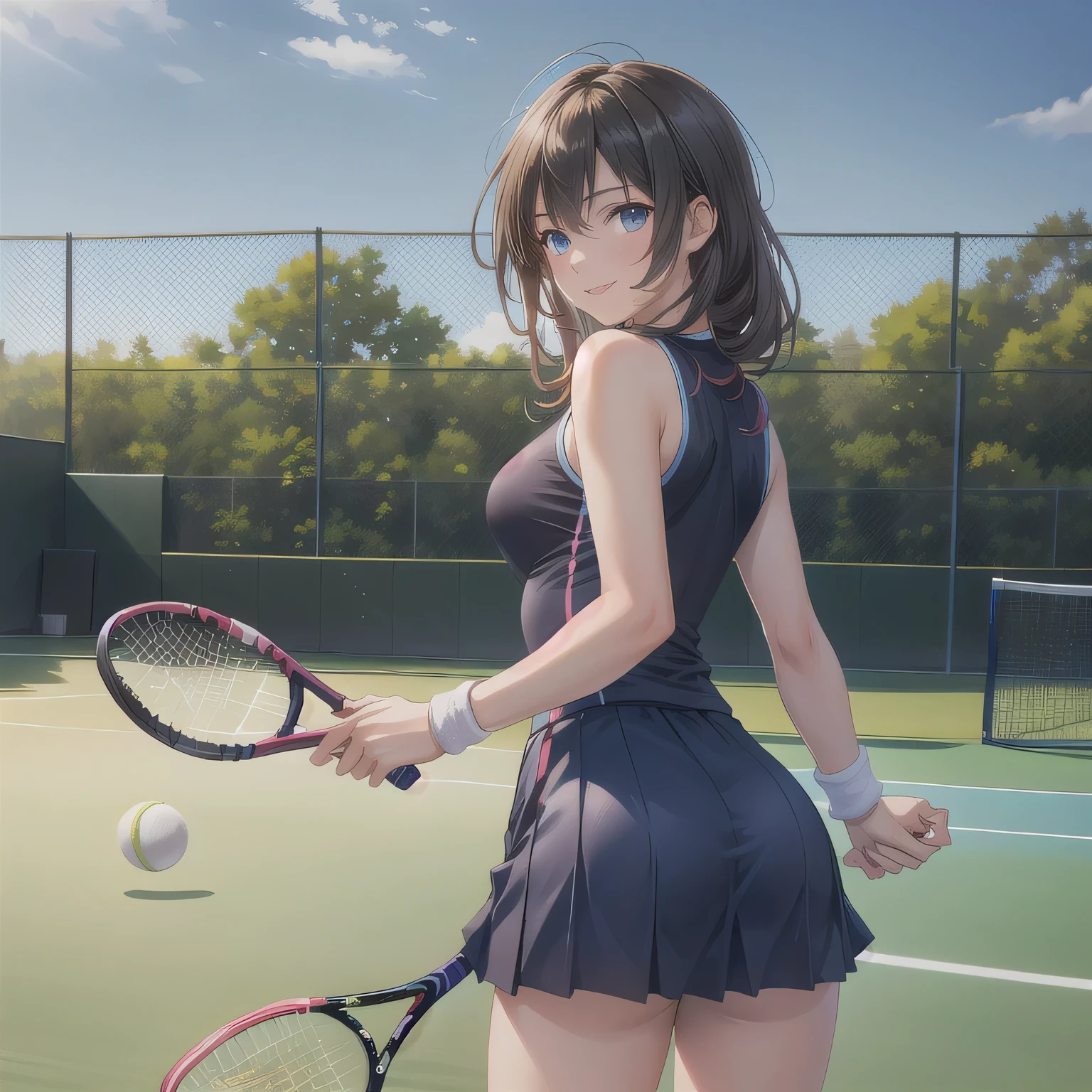 1girll,tennis player,s the perfect face,crisp breasts, Convex buttocks,White sports short sleeves,Short white pleated skirt,White sport socks,White tennis shoes,Wet hair,High ponytail,body soaking wet,Swing the paddle,tennis court,Sunnyday,Clouds, Detailed background, Clothing details, perfectly proportioned, filmgrain, Fuji colors, lightand shade contrast, tmasterpiece, high detal, high qulity, A high resolution, Cinematic lighting, 8K, Textured skin, Super detail