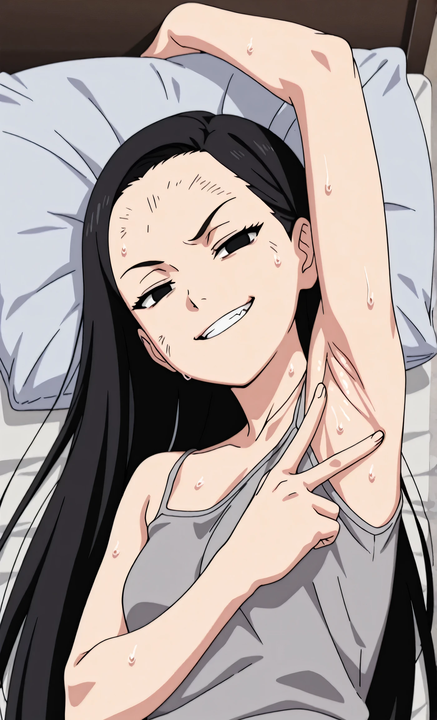 masterpiece, best quality, amazing quality, anime screencap, anime coloring, 1girl, solo, kt1, black hair, long hair, black eyes, small breasts, forehead, grey tank top, spaghetti straps, skindentation, (sweaty:0.7), arm up, raised arm, armpit, armpit focus, head towards viewer, looking at viewer, direct eye contact, evil smile, grin, teeth, half-closed eyes, confident, lying in bed, lying on side, from above, pillow, spread armpit
