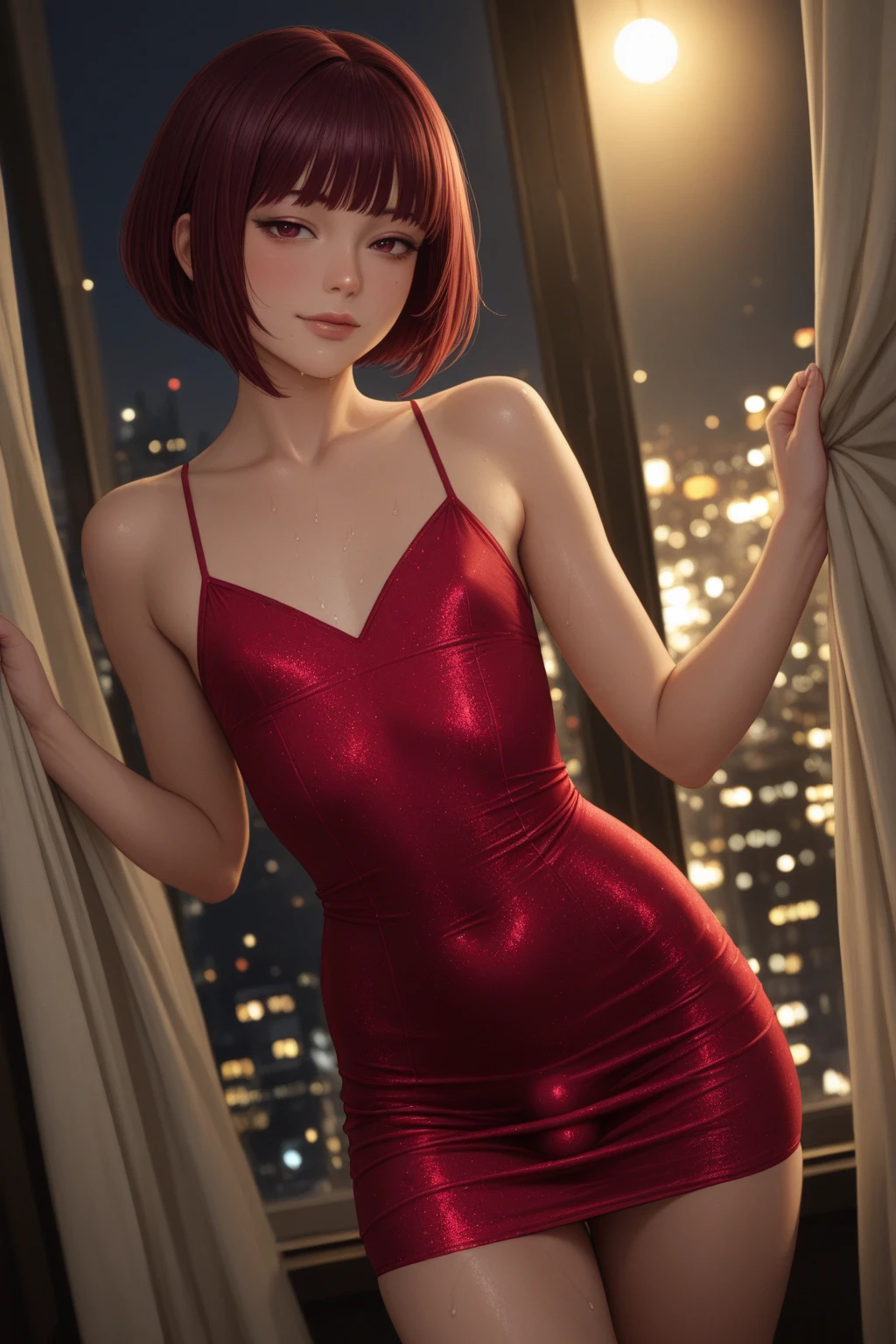 elegant, realistic, Golden hour lighting, midi dress, (idol), (Charming: 1), (purple short hair: 0.8), ((Puffy eyes)), Facing forward, Smiling, Laughing,Middle chest, 