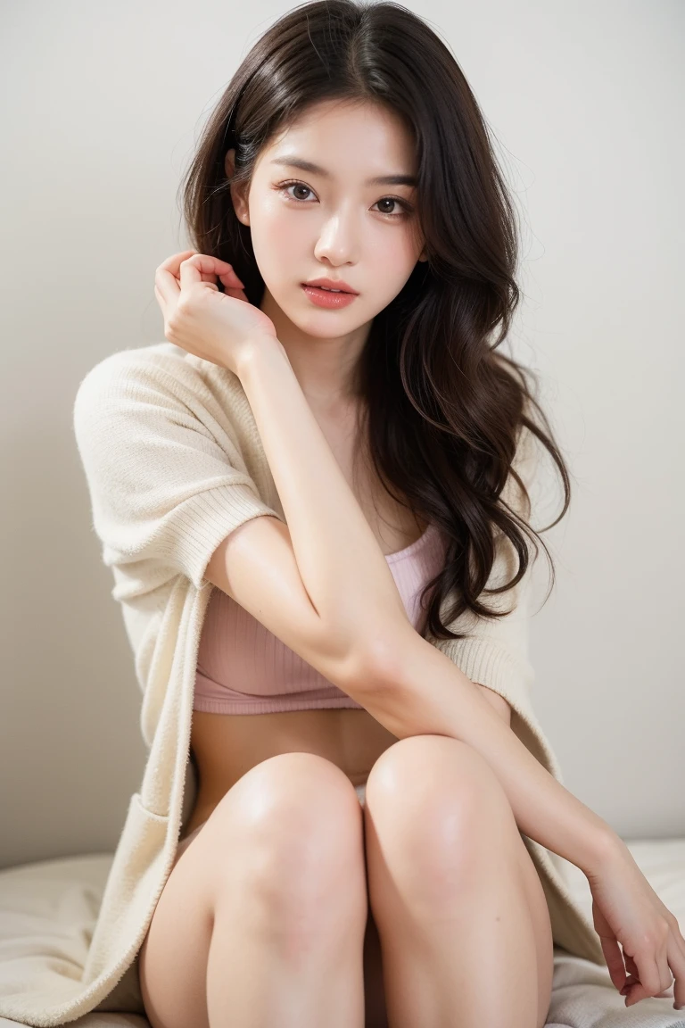 sitting with arms up, hands behind head, legs open with 
panties, her shirt is open