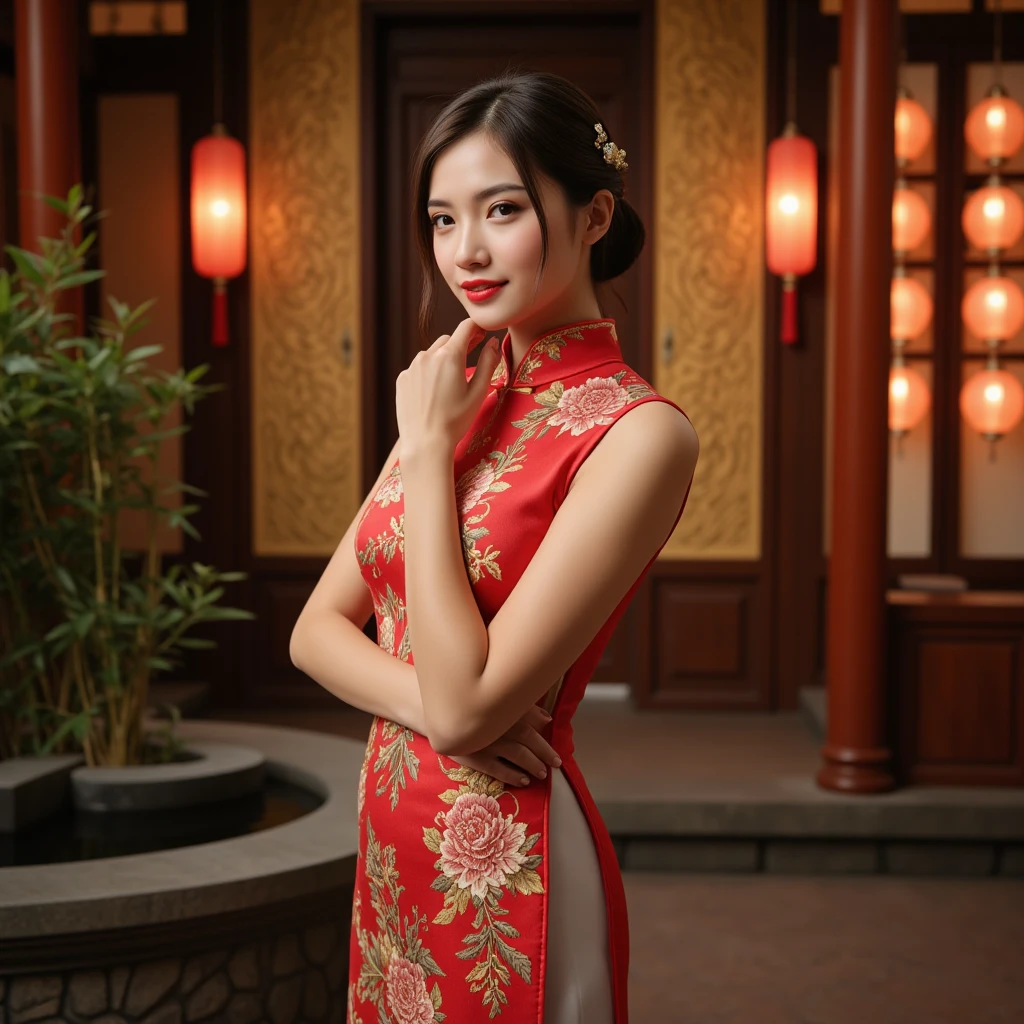 A beautiful oriental beauty,wearing red cheongsam, Hold the camera and extend your left hand。There an oriental dragon behind him. There an oriental dragon in the background. Happy New Year.