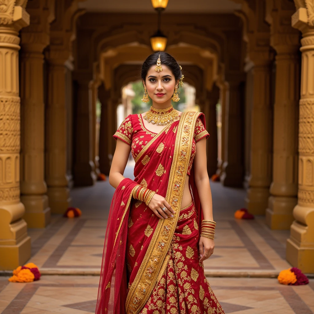 One prity indian bride weared red lahanga with red top, she feet have beautiful dision, red lips, she wearing blue stone necklace with nose pin, she walking on red carpet, full figure head to feet